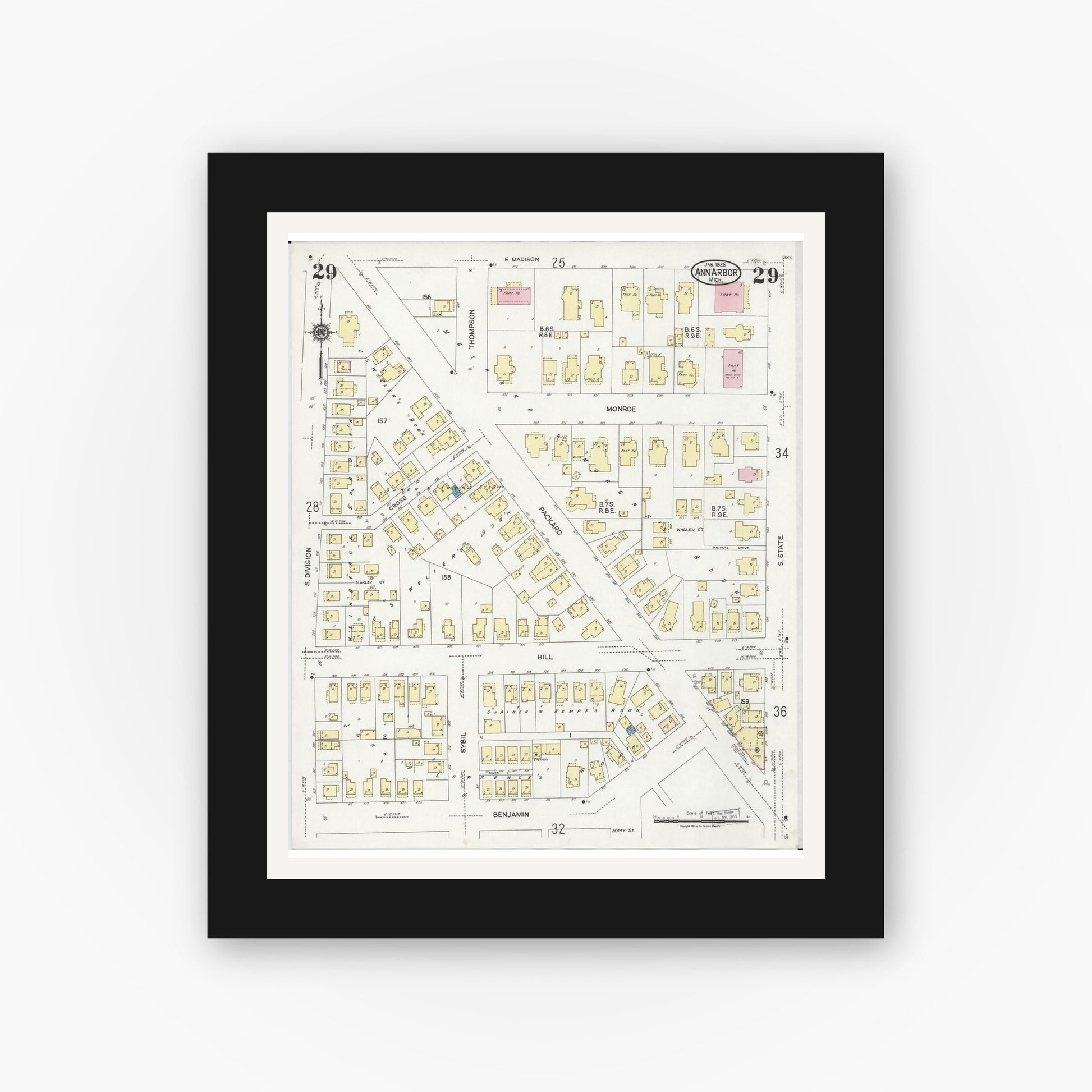 Old map wall art mockup — black gallery frame with white mat — Sanborn Fire Insurance Map from Ann Arbor, Washtenaw County, Michigan (1925), Sheet #0029