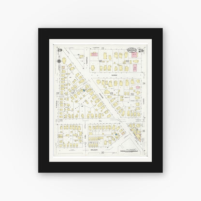 Old map wall art mockup — black gallery frame with white mat — Sanborn Fire Insurance Map from Ann Arbor, Washtenaw County, Michigan (1925), Sheet #0029