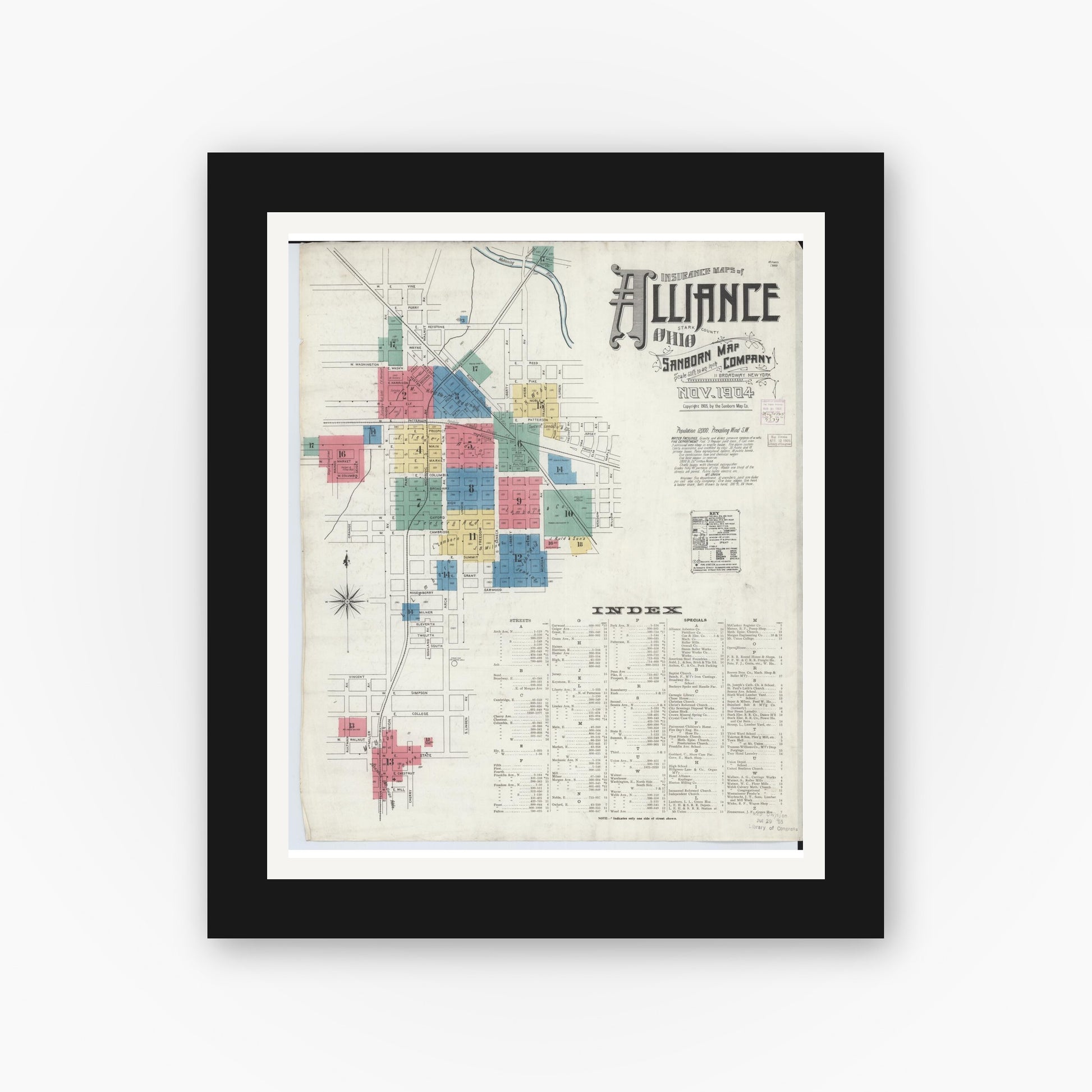 Old map wall art mockup — black gallery frame with white mat — Sanborn Fire Insurance Map from Alliance, Stark County, Ohio (1904) - Complete Map Set