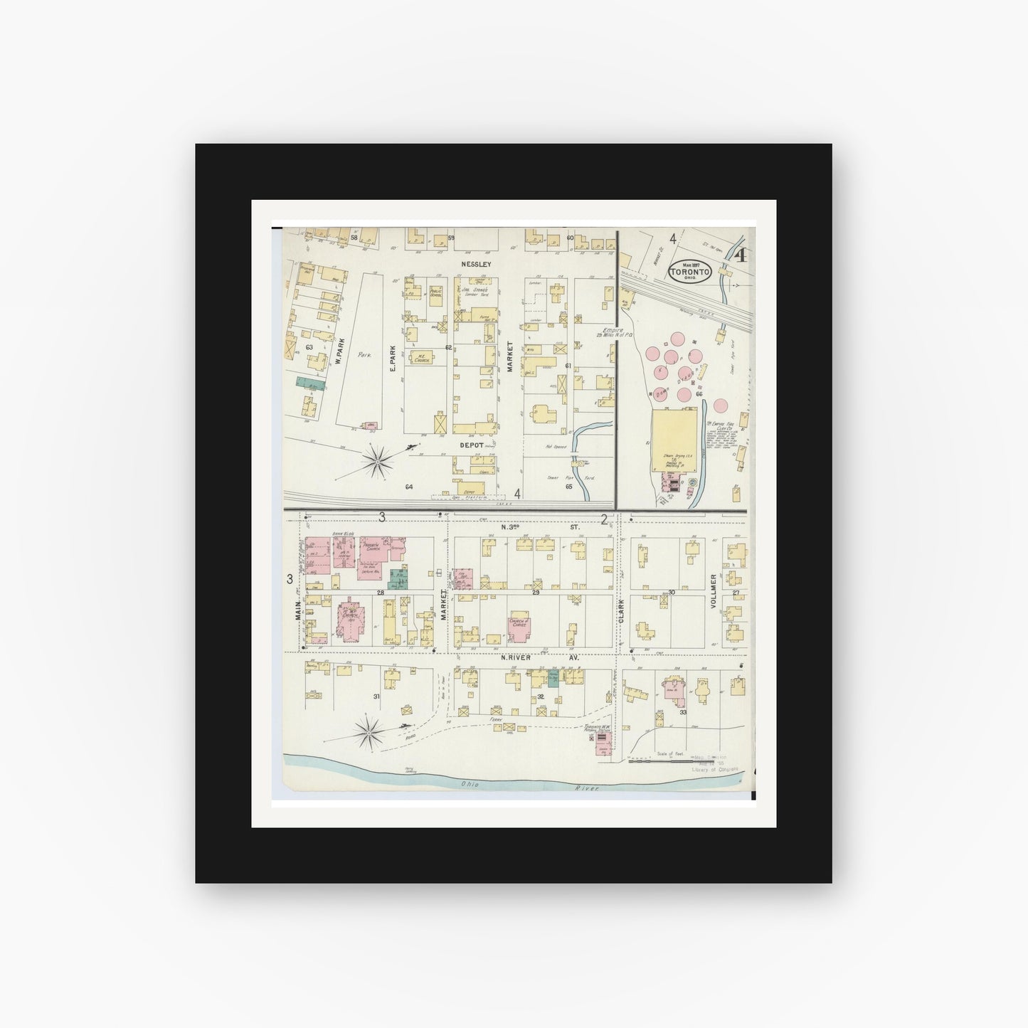 Old map wall art mockup — black gallery frame with white mat — Sanborn Fire Insurance Map from Toronto, Jefferson County, Ohio (1897), Sheet #0004