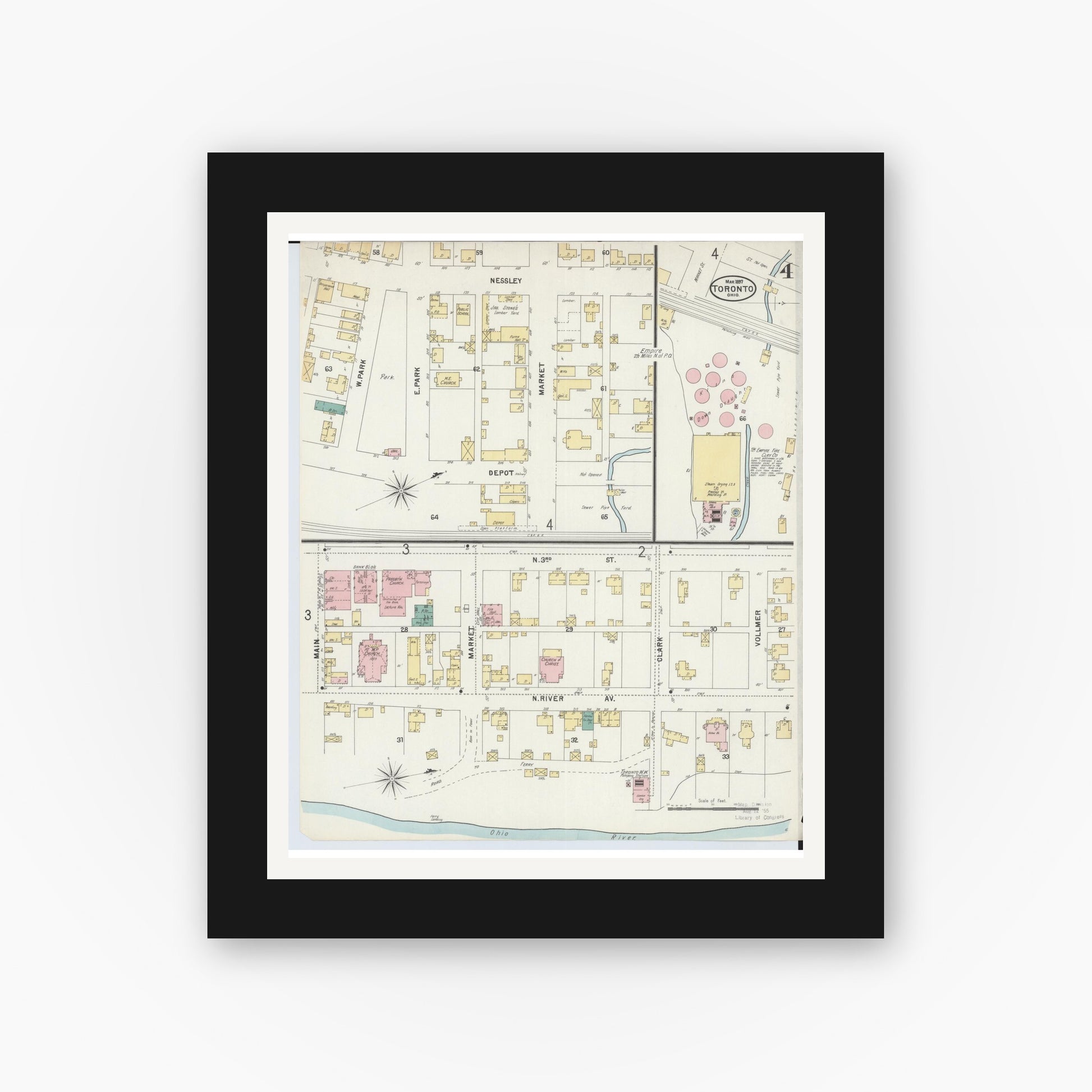 Old map wall art mockup — black gallery frame with white mat — Sanborn Fire Insurance Map from Toronto, Jefferson County, Ohio (1897), Sheet #0004