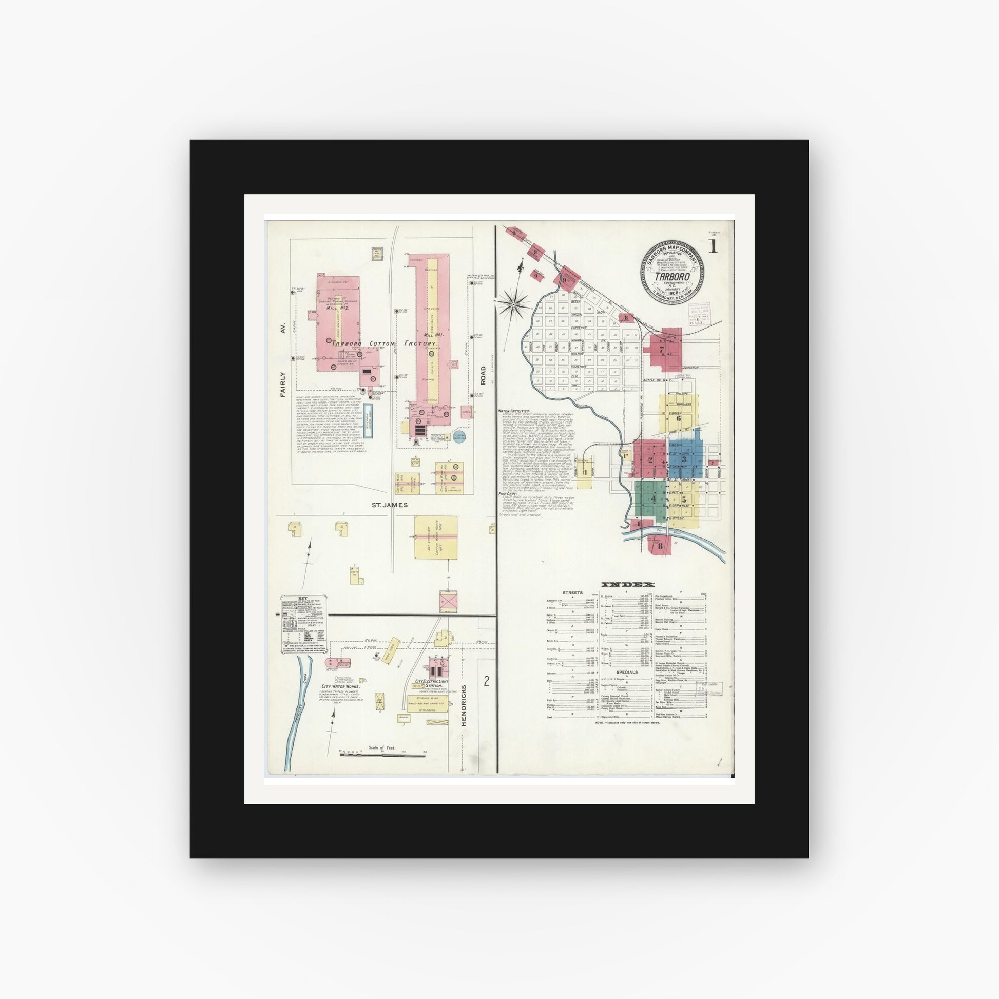 Old map wall art mockup — black gallery frame with white mat — Sanborn Fire Insurance Map from Tarboro, Edgecombe County, North Carolina (1908), Sheet #0001