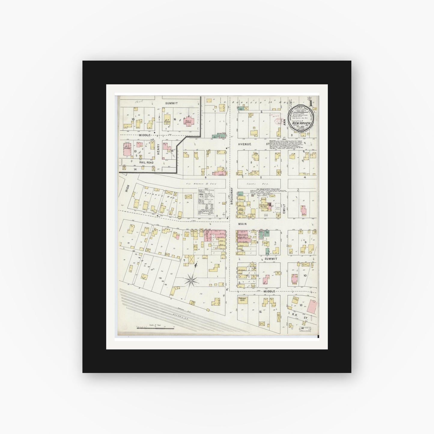 Old map wall art mockup — black gallery frame with white mat — Sanborn Fire Insurance Map from New Haven, Allen County, Indiana (1895) - Complete Map Set