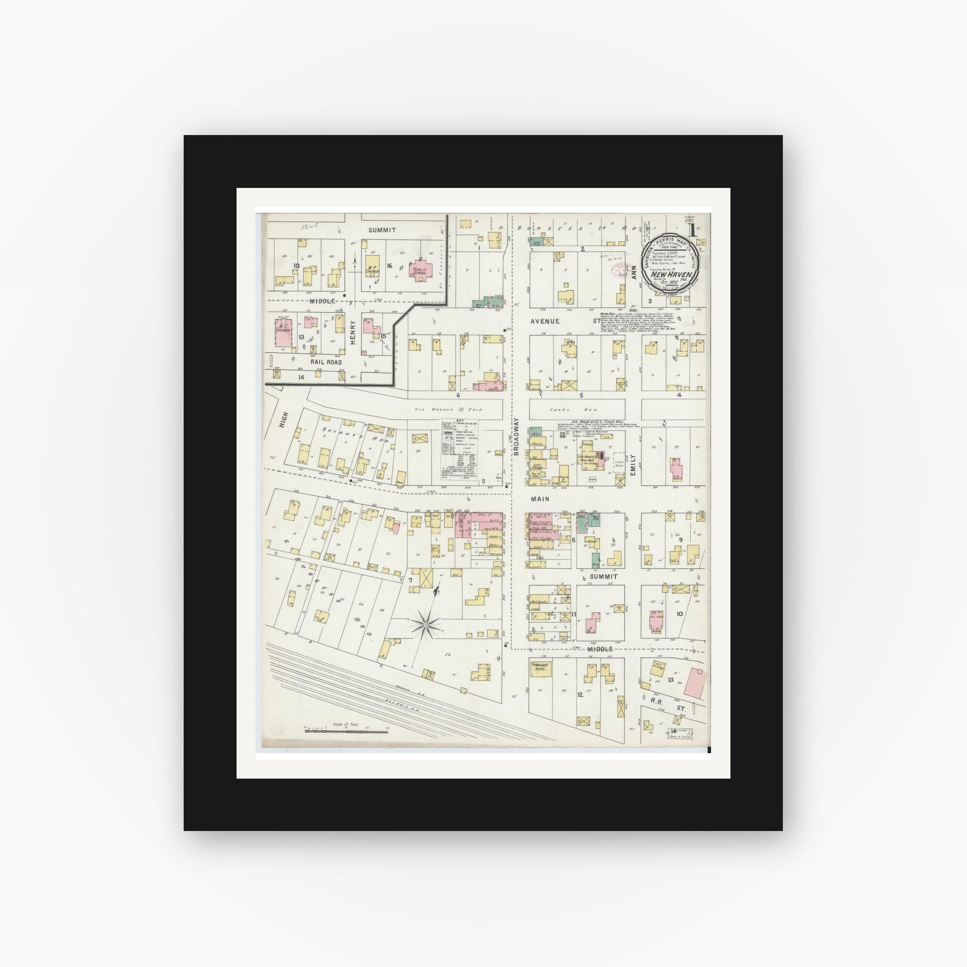 Old map wall art mockup — black gallery frame with white mat — Sanborn Fire Insurance Map from New Haven, Allen County, Indiana (1895) - Complete Map Set