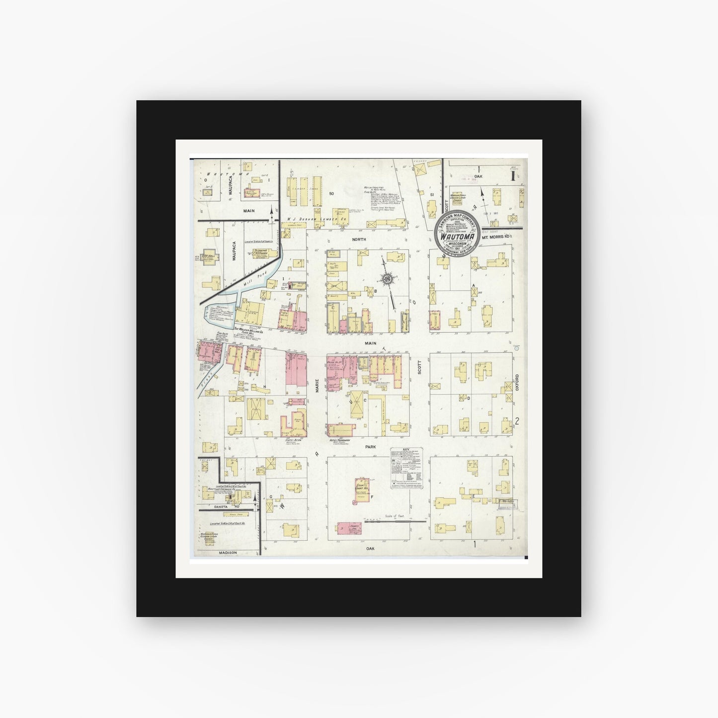Old map wall art mockup — black gallery frame with white mat — Sanborn Fire Insurance Map from Wautoma, Waushara County, Wisconsin (1911) - Complete Map Set