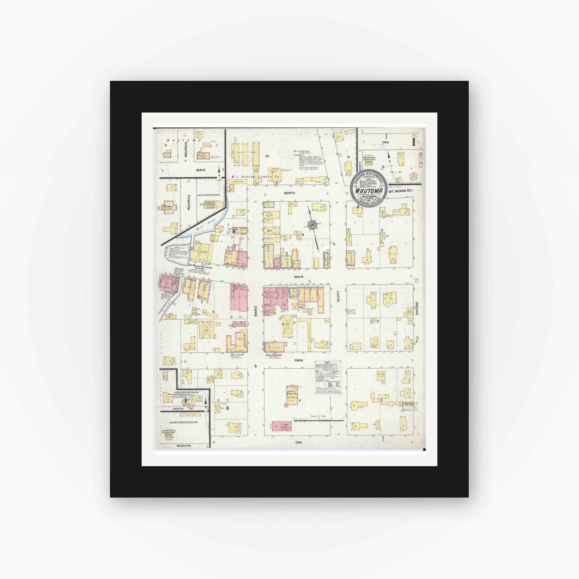 Old map wall art mockup — black gallery frame with white mat — Sanborn Fire Insurance Map from Wautoma, Waushara County, Wisconsin (1911) - Complete Map Set