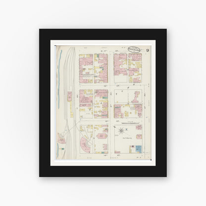 Old map wall art mockup — black gallery frame with white mat — Sanborn Fire Insurance Map from Rock Island, Rock Island County, Illinois (1886), Sheet #0009