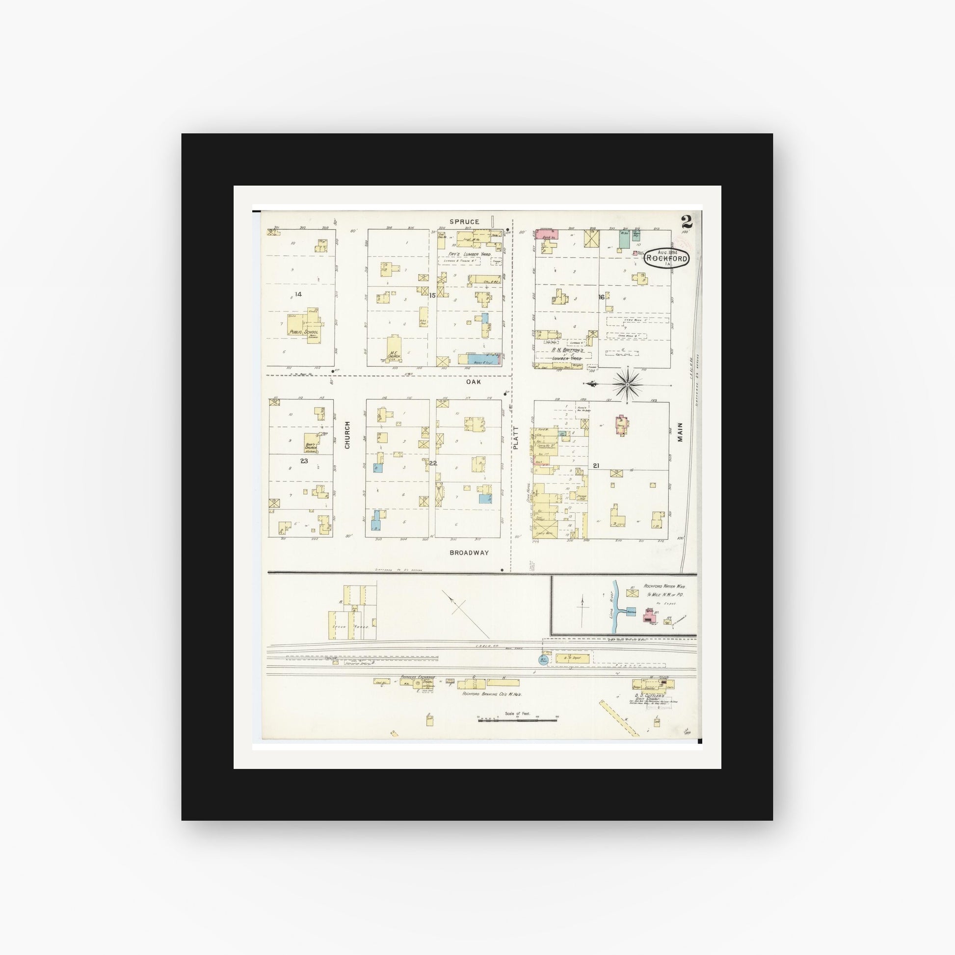 Old map wall art mockup — black gallery frame with white mat — Sanborn Fire Insurance Map from Rockford, Floyd County, Iowa (1894), Sheet #0002