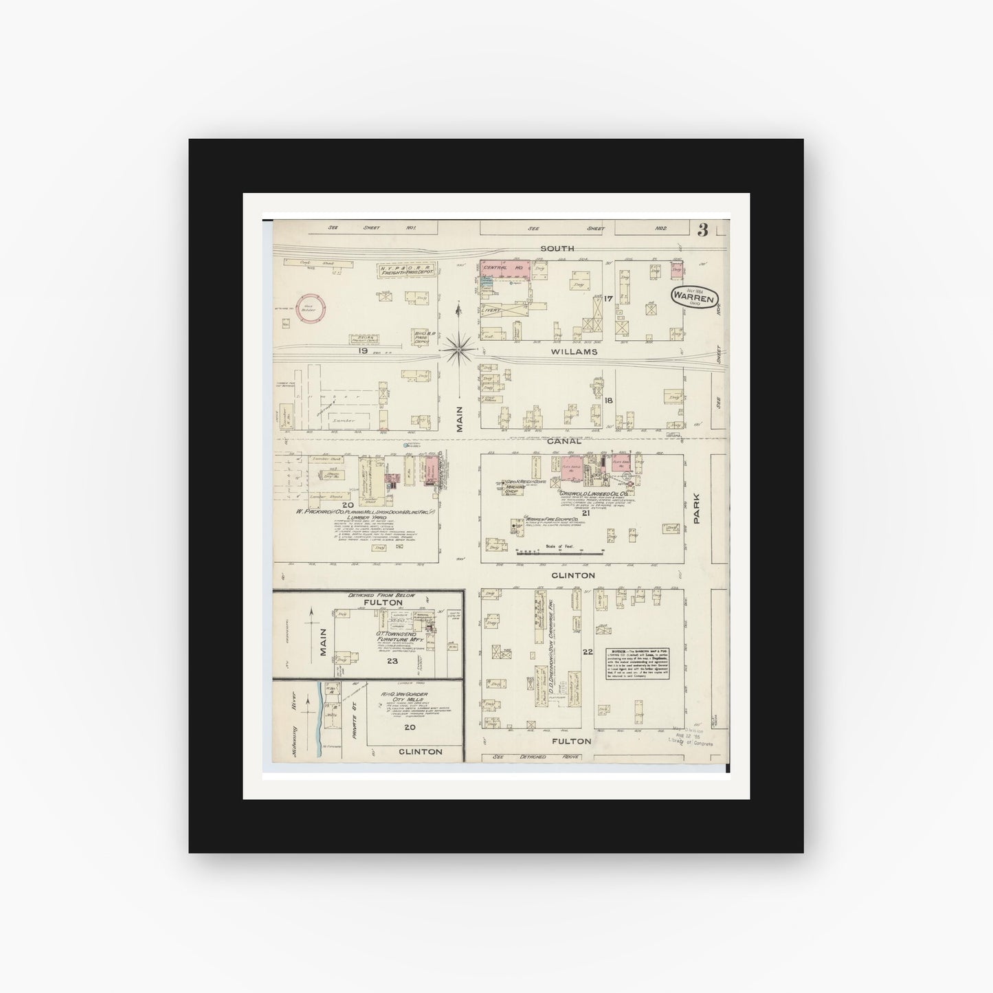 Old map wall art mockup — black gallery frame with white mat — Sanborn Fire Insurance Map from Warren, Trumbull County, Ohio (1884), Sheet #0003