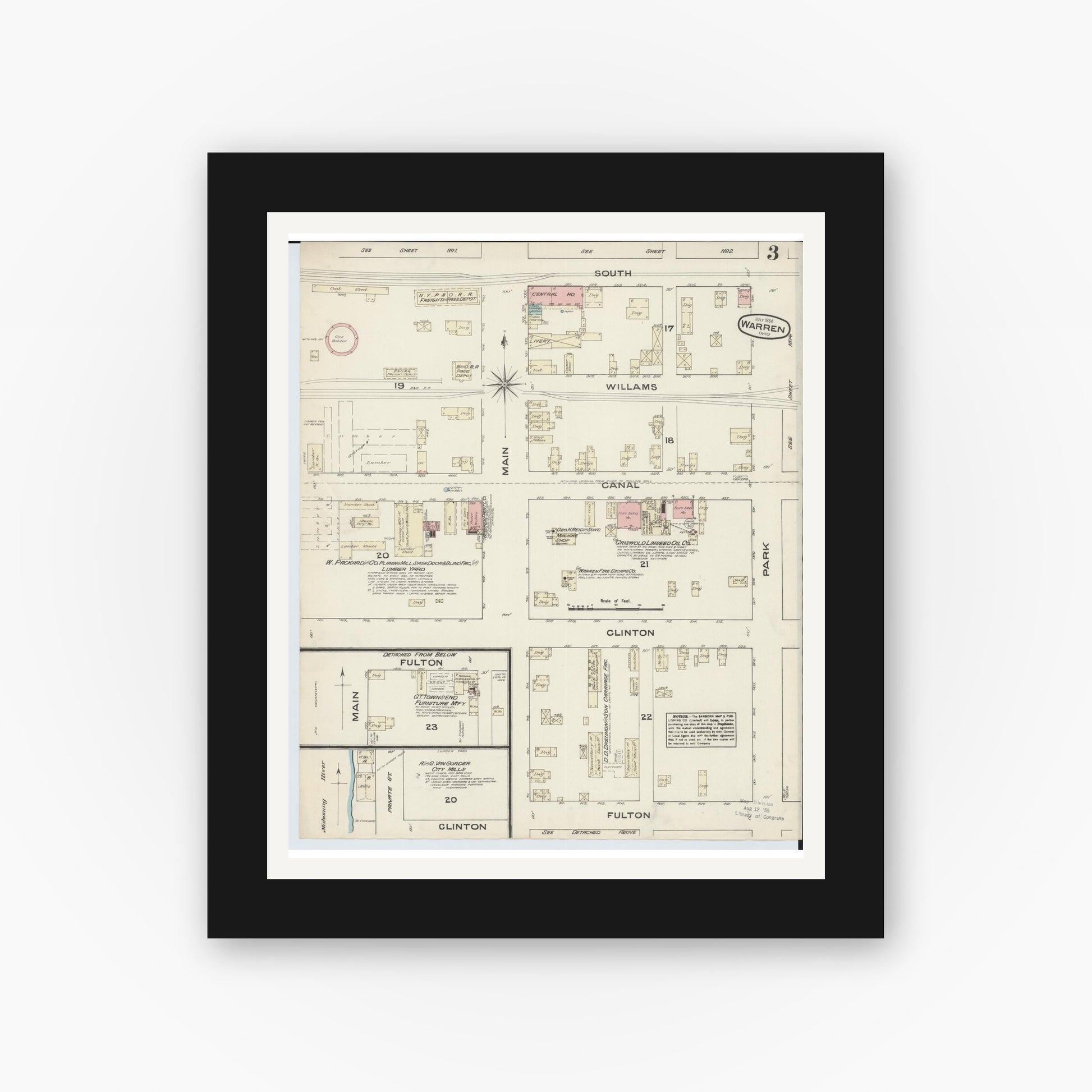 Old map wall art mockup — black gallery frame with white mat — Sanborn Fire Insurance Map from Warren, Trumbull County, Ohio (1884), Sheet #0003