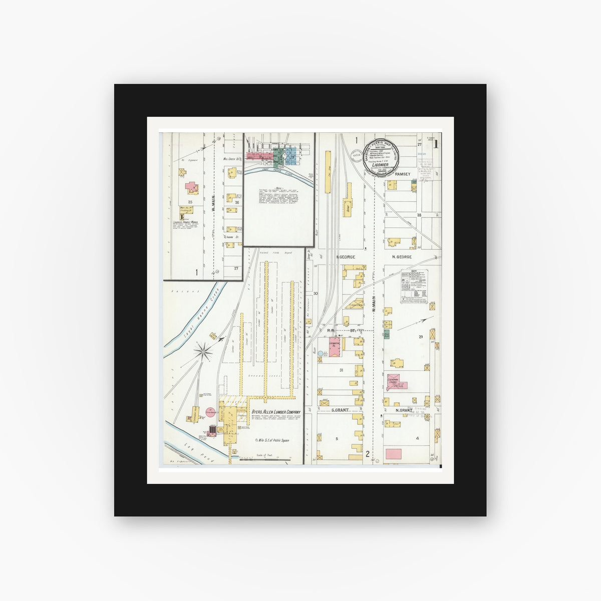 Old map wall art mockup — black gallery frame with white mat — Sanborn Fire Insurance Map from Ligonier, Westmoreland County, Pennsylvania (1900), Sheet #0001