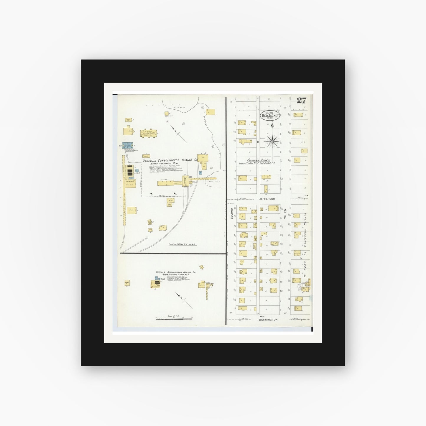 Old map wall art mockup — black gallery frame with white mat — Sanborn Fire Insurance Map from Red Jacket, Houghton County, Michigan (1908), Sheet #0027
