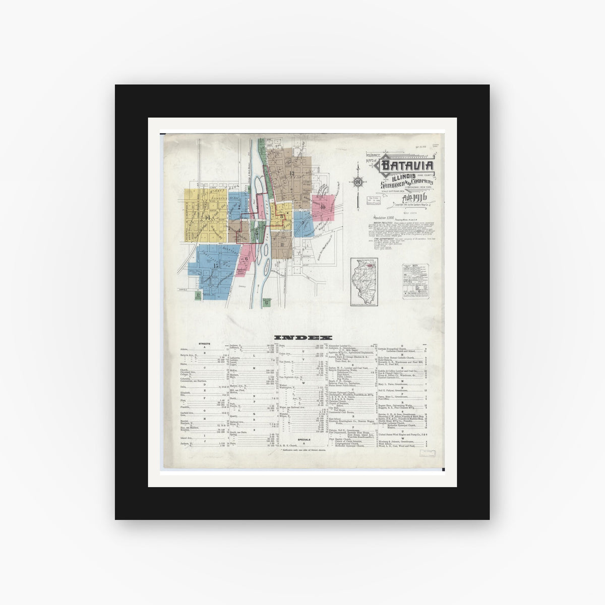Old map wall art mockup — black gallery frame with white mat — Sanborn Fire Insurance Map from Batavia, Kane County, Illinois (1916) - Complete Map Set