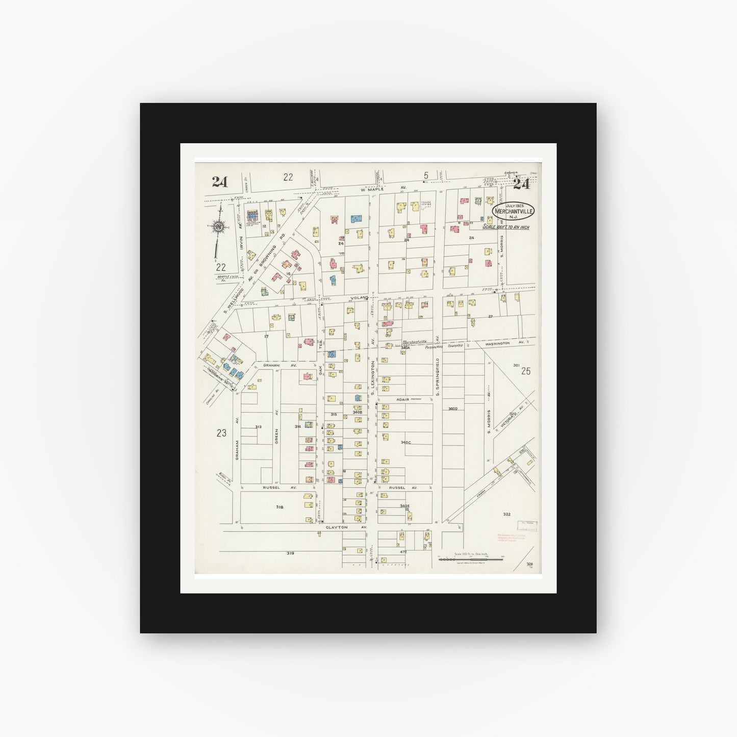 Old map wall art mockup — black gallery frame with white mat — Sanborn Fire Insurance Map from Merchantville, Camden County, New Jersey (1925), Sheet #0024