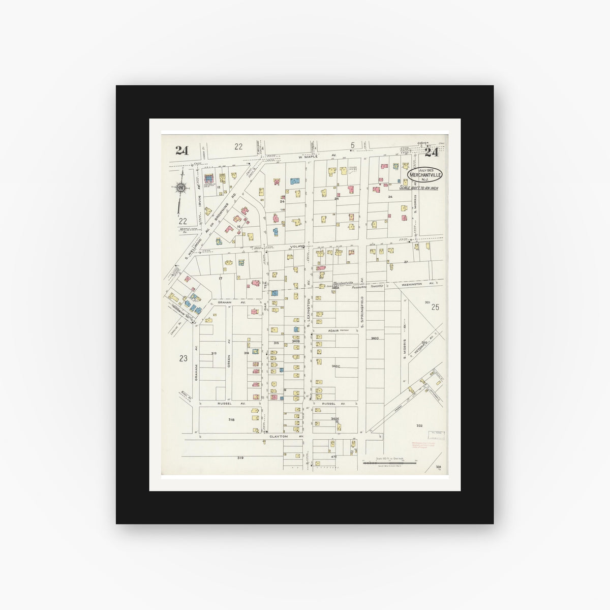 Old map wall art mockup — black gallery frame with white mat — Sanborn Fire Insurance Map from Merchantville, Camden County, New Jersey (1925), Sheet #0024
