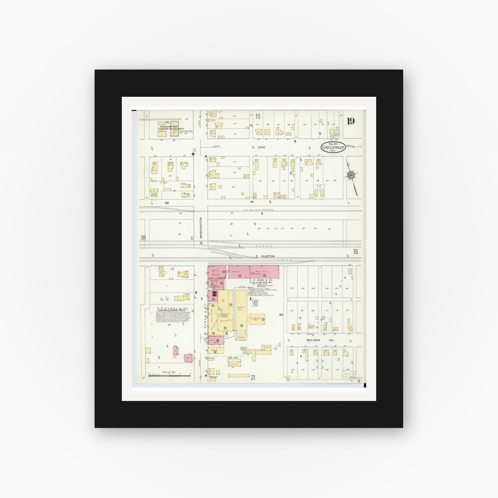 Old map wall art mockup — black gallery frame with white mat — Sanborn Fire Insurance Map from Circleville, Pickaway County, Ohio (1914), Sheet #0019