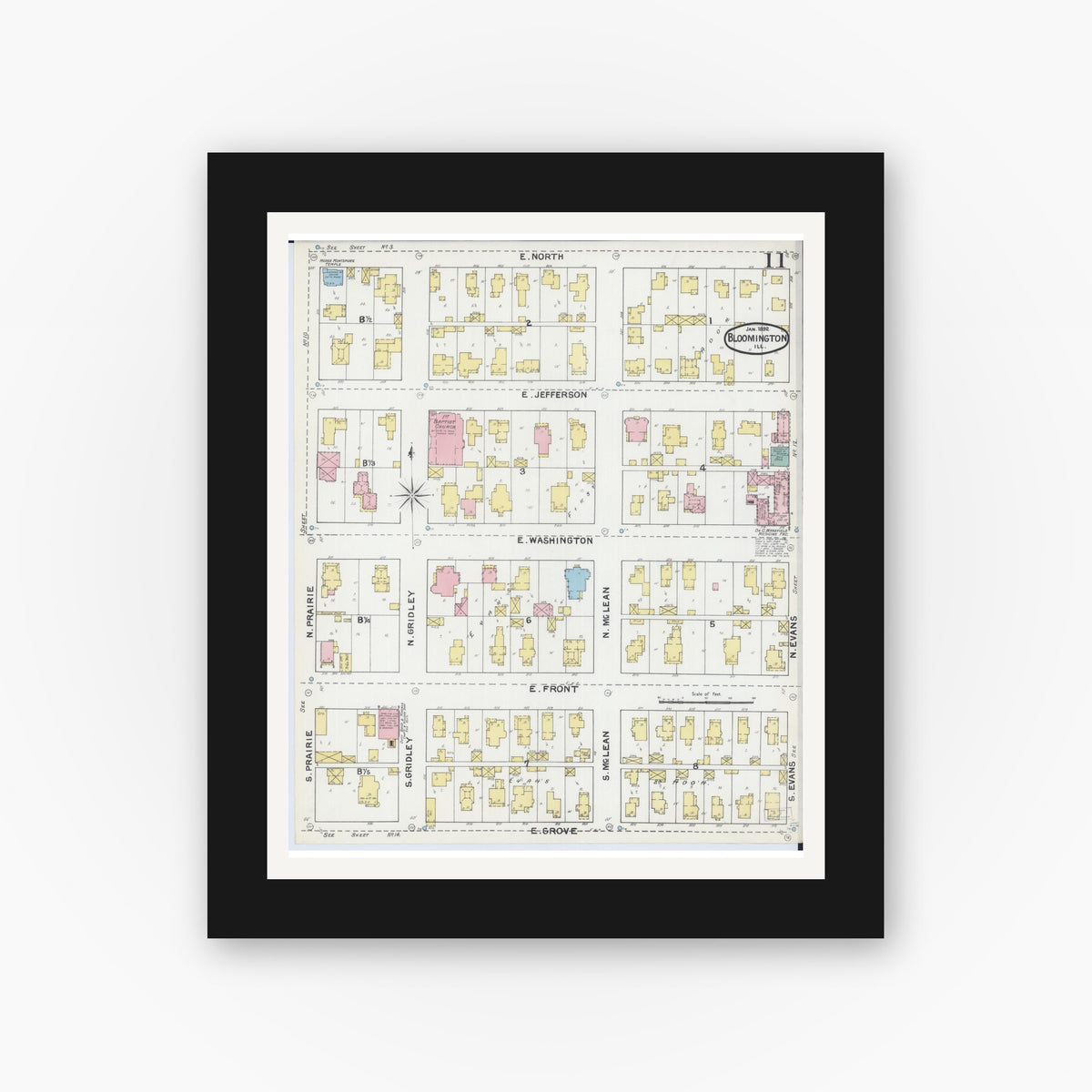 Old map wall art mockup — black gallery frame with white mat — Sanborn Fire Insurance Map from Bloomington, McLean County, Illinois (1892), Sheet #0011