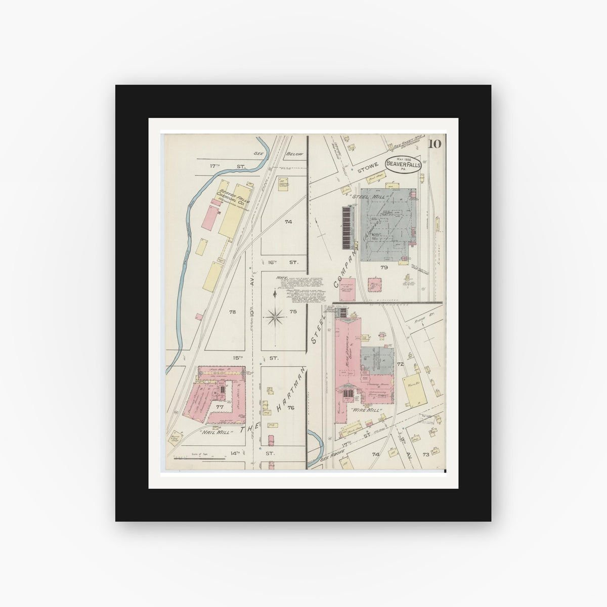Old map wall art mockup — black gallery frame with white mat — Sanborn Fire Insurance Map from Beaver Falls, Beaver County, Pennsylvania (1886), Sheet #0010