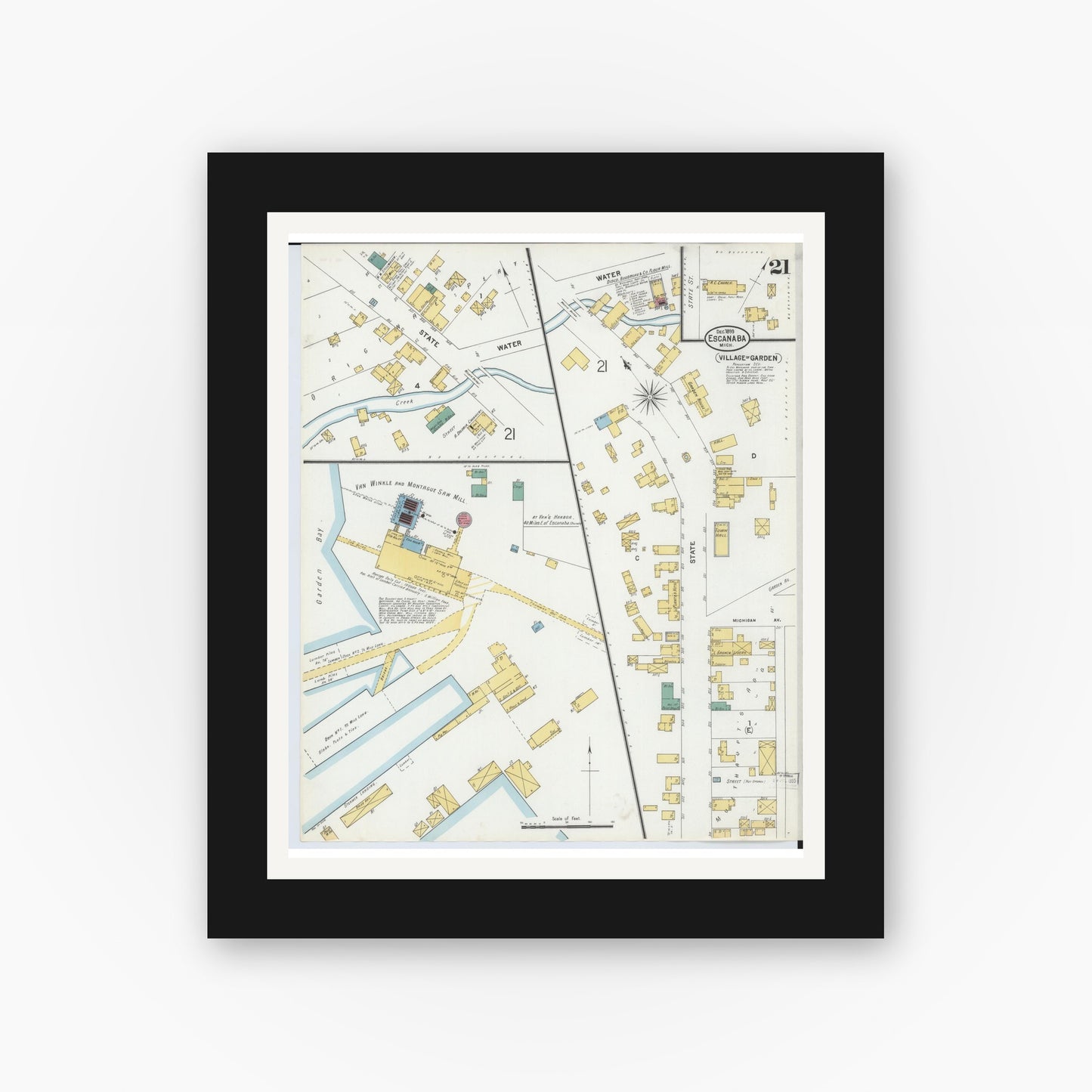 Old map wall art mockup — black gallery frame with white mat — Sanborn Fire Insurance Map from Escanaba, Delta County, Michigan (1899), Sheet #0021