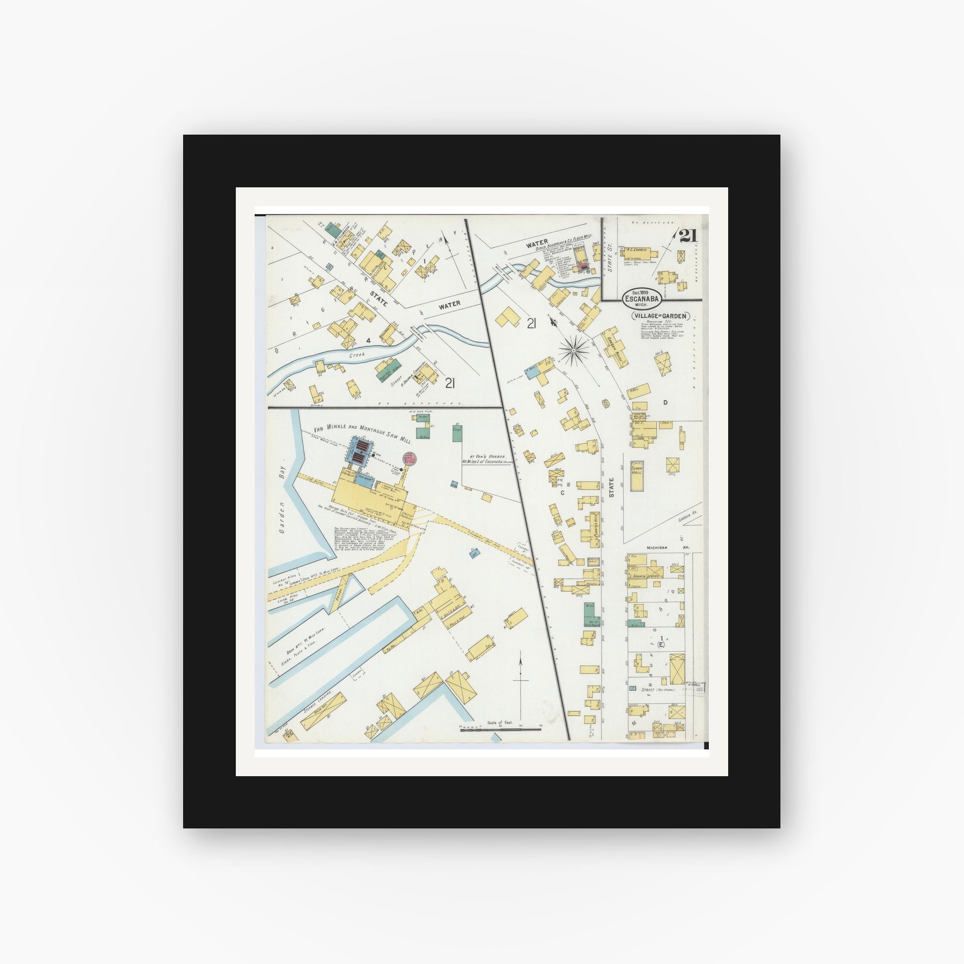 Old map wall art mockup — black gallery frame with white mat — Sanborn Fire Insurance Map from Escanaba, Delta County, Michigan (1899), Sheet #0021