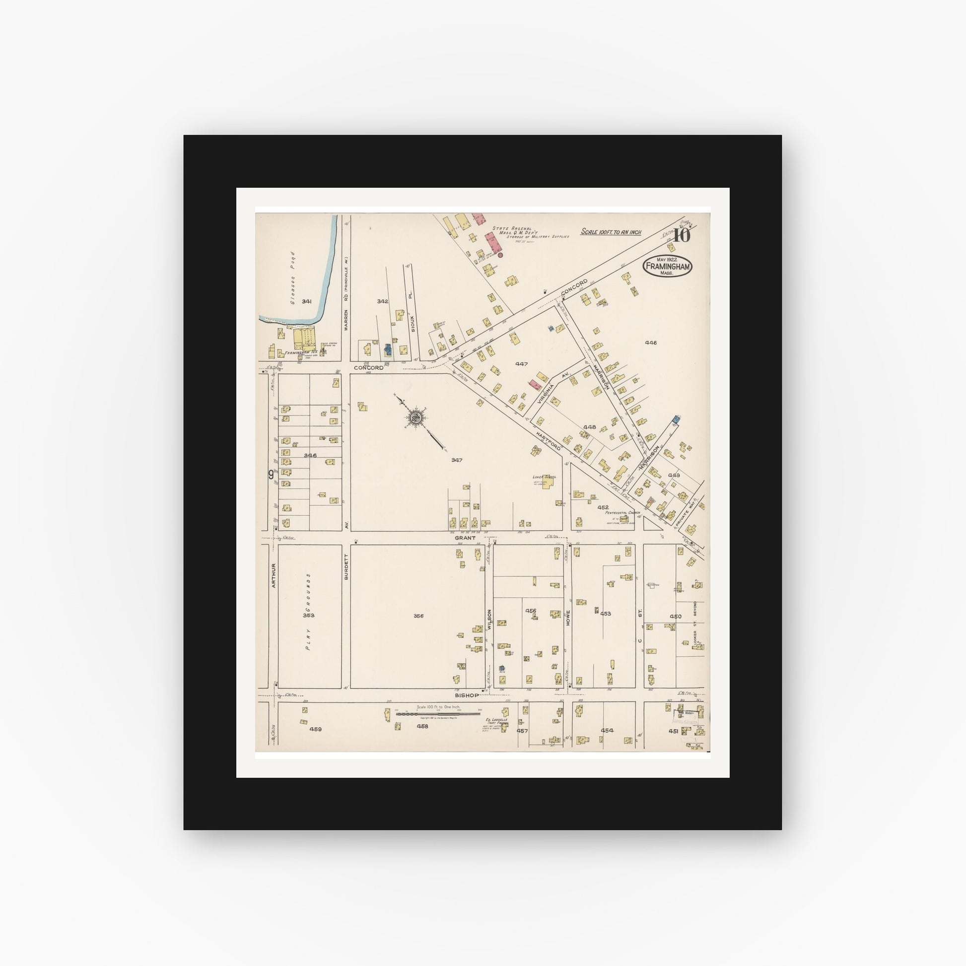 Old map wall art mockup — black gallery frame with white mat — Sanborn Fire Insurance Map from Framingham, Middlesex County, Massachusetts (1922), Sheet #0010