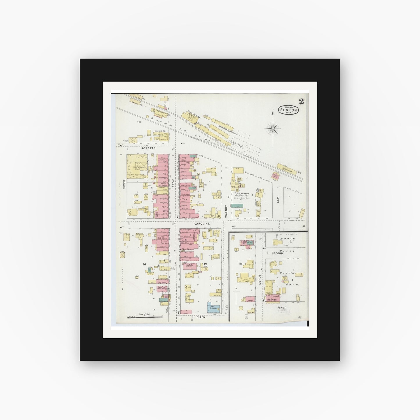 Old map wall art mockup — black gallery frame with white mat — Sanborn Fire Insurance Map from Fenton, Genesee County, Michigan (1895), Sheet #0002