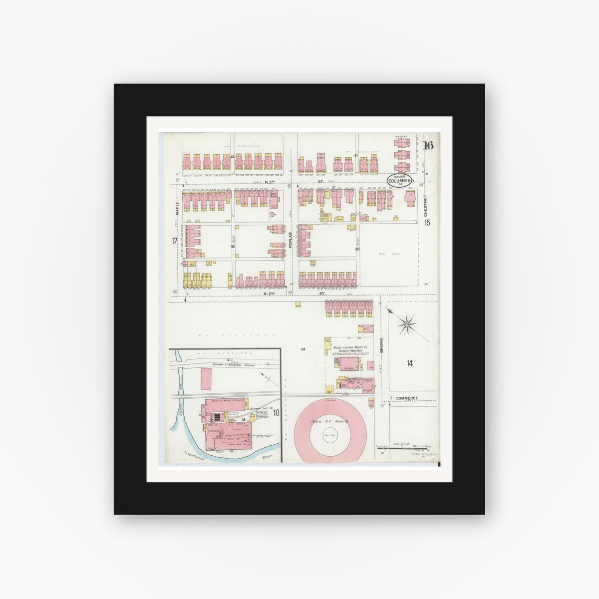 Old map wall art mockup — black gallery frame with white mat — Sanborn Fire Insurance Map from Columbia, Lancaster County, Pennsylvania (1899), Sheet #0016