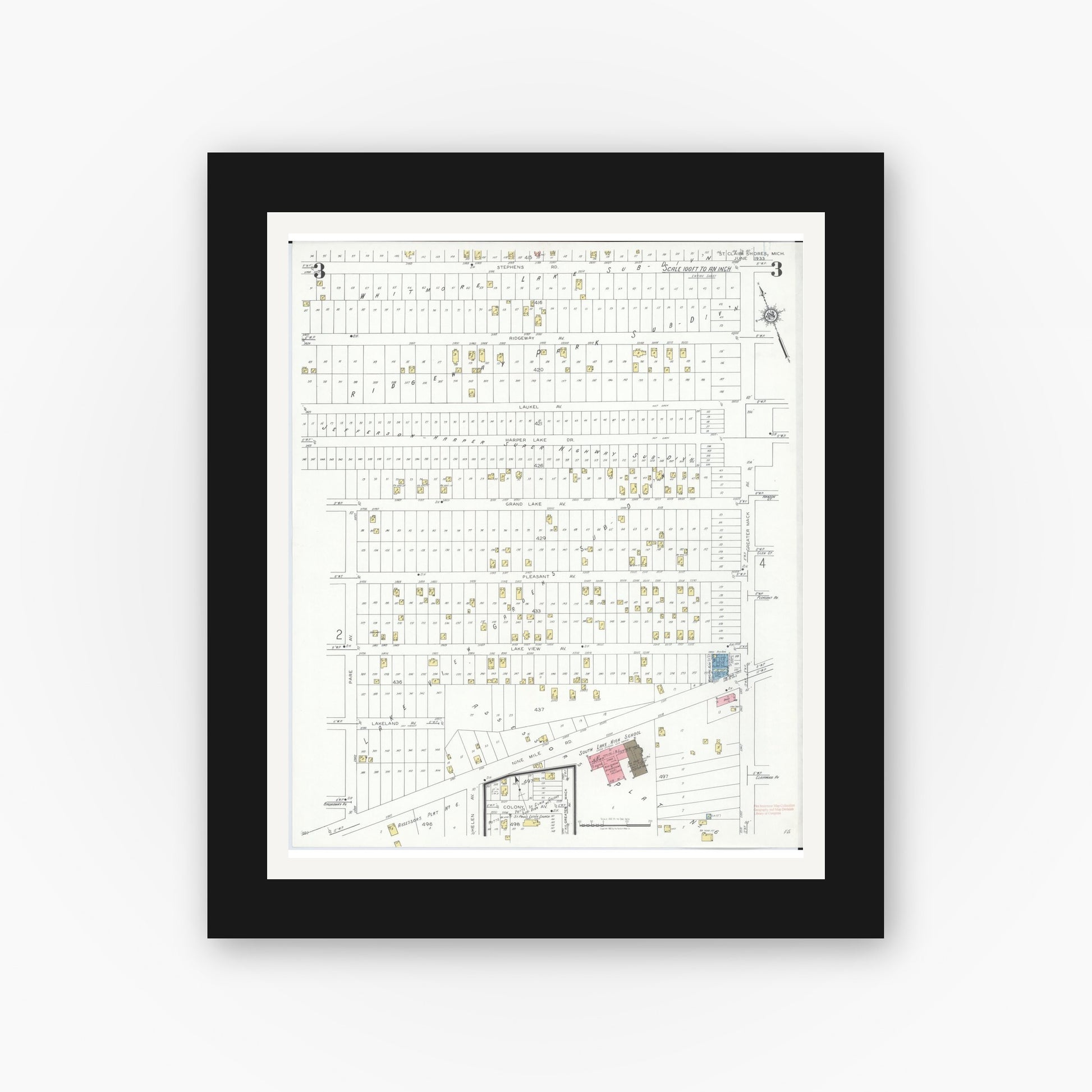 Old map wall art mockup — black gallery frame with white mat — Sanborn Fire Insurance Map from Saint Clair Shores, Macomb County, Michigan (1933), Sheet #0003