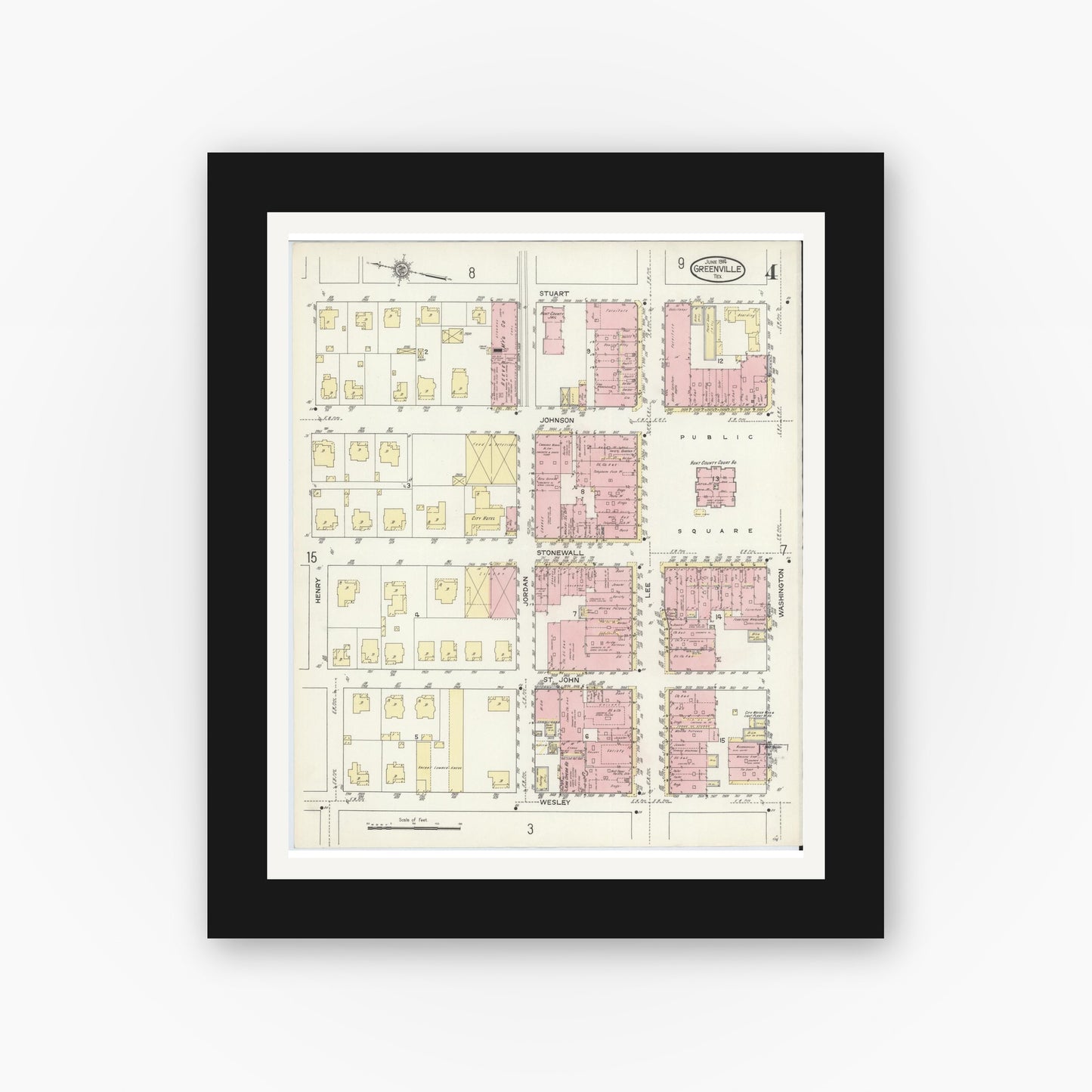 Old map wall art mockup — black gallery frame with white mat — Sanborn Fire Insurance Map from Greenville, Hunt County, Texas (1914), Sheet #0004