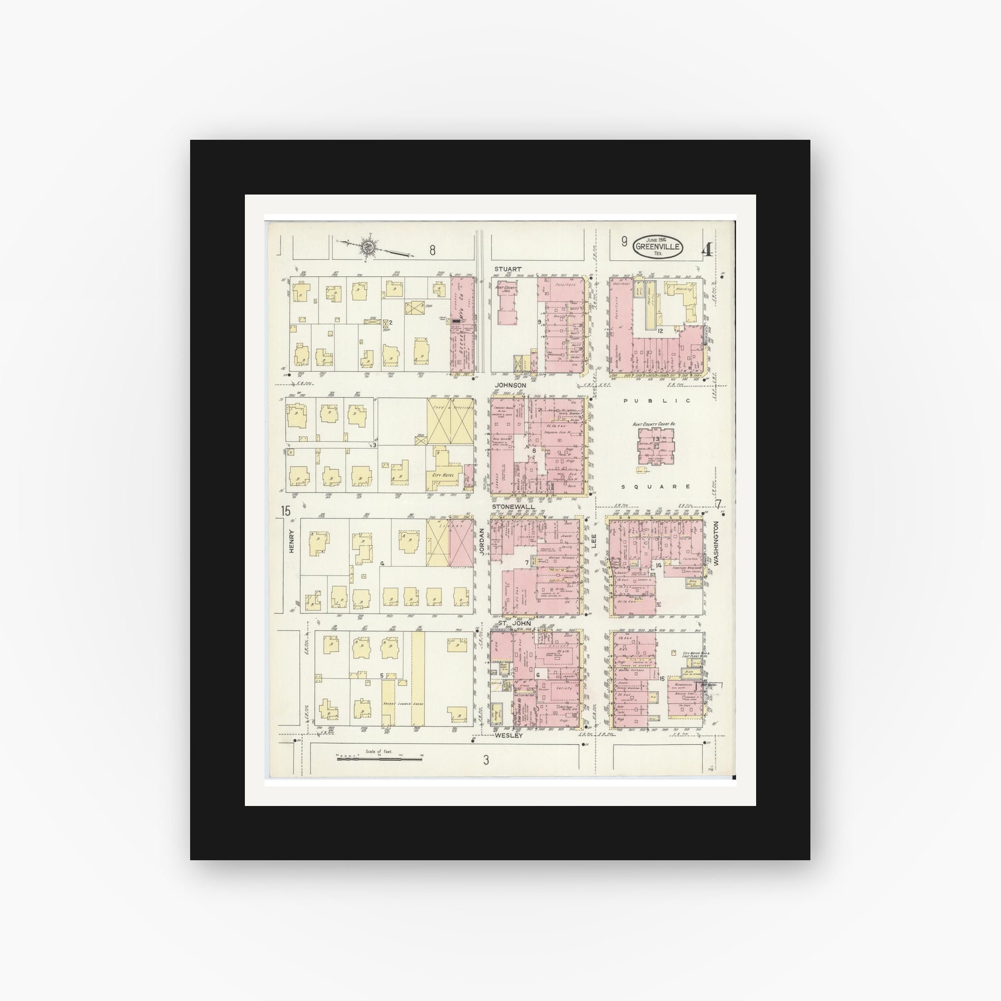 Old map wall art mockup — black gallery frame with white mat — Sanborn Fire Insurance Map from Greenville, Hunt County, Texas (1914), Sheet #0004