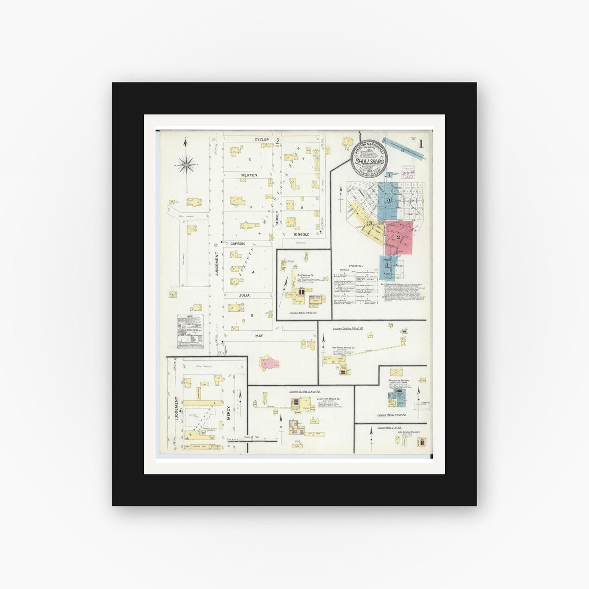 Old map wall art mockup — black gallery frame with white mat — Sanborn Fire Insurance Map from Shullsburg, Lafayette County, Wisconsin (1908) - Complete Map Set