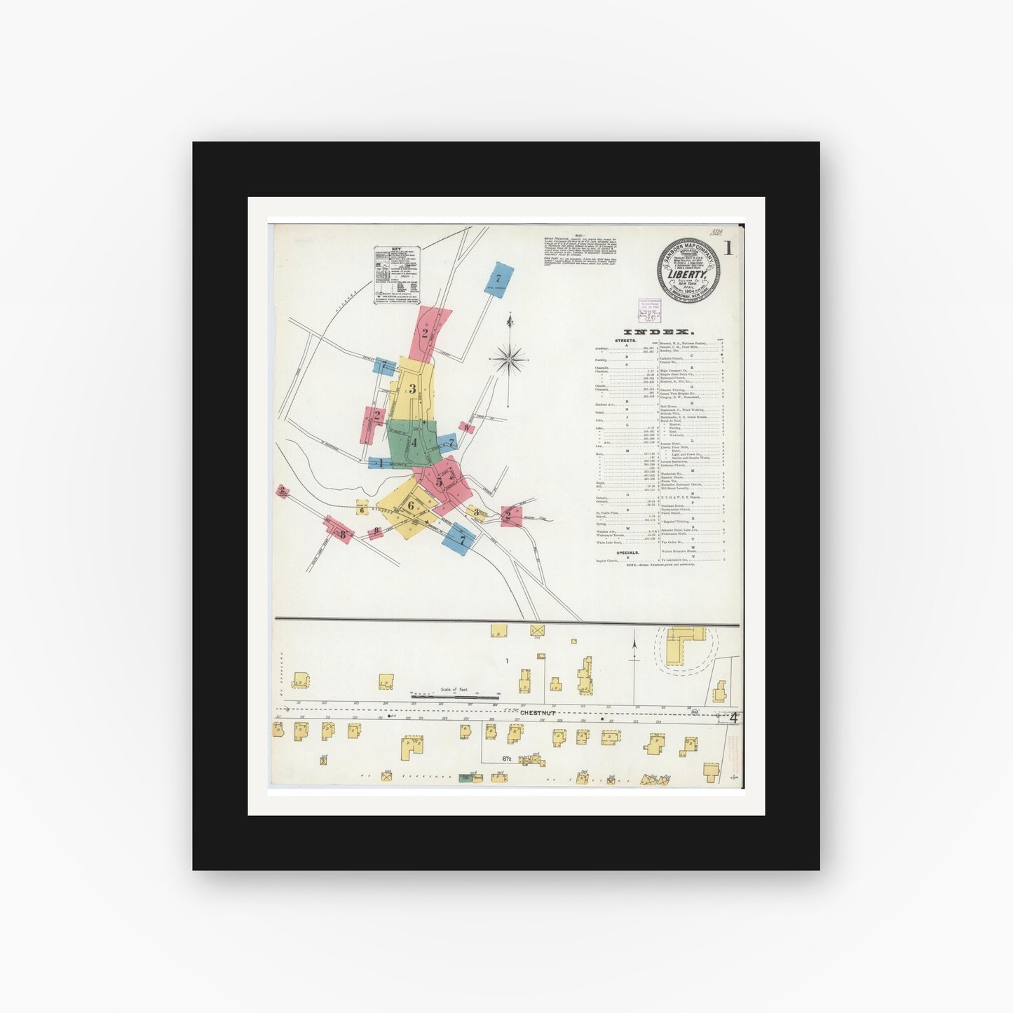 Old map wall art mockup — black gallery frame with white mat — Sanborn Fire Insurance Map from Liberty, Sullivan County, New York (1904) - Complete Map Set