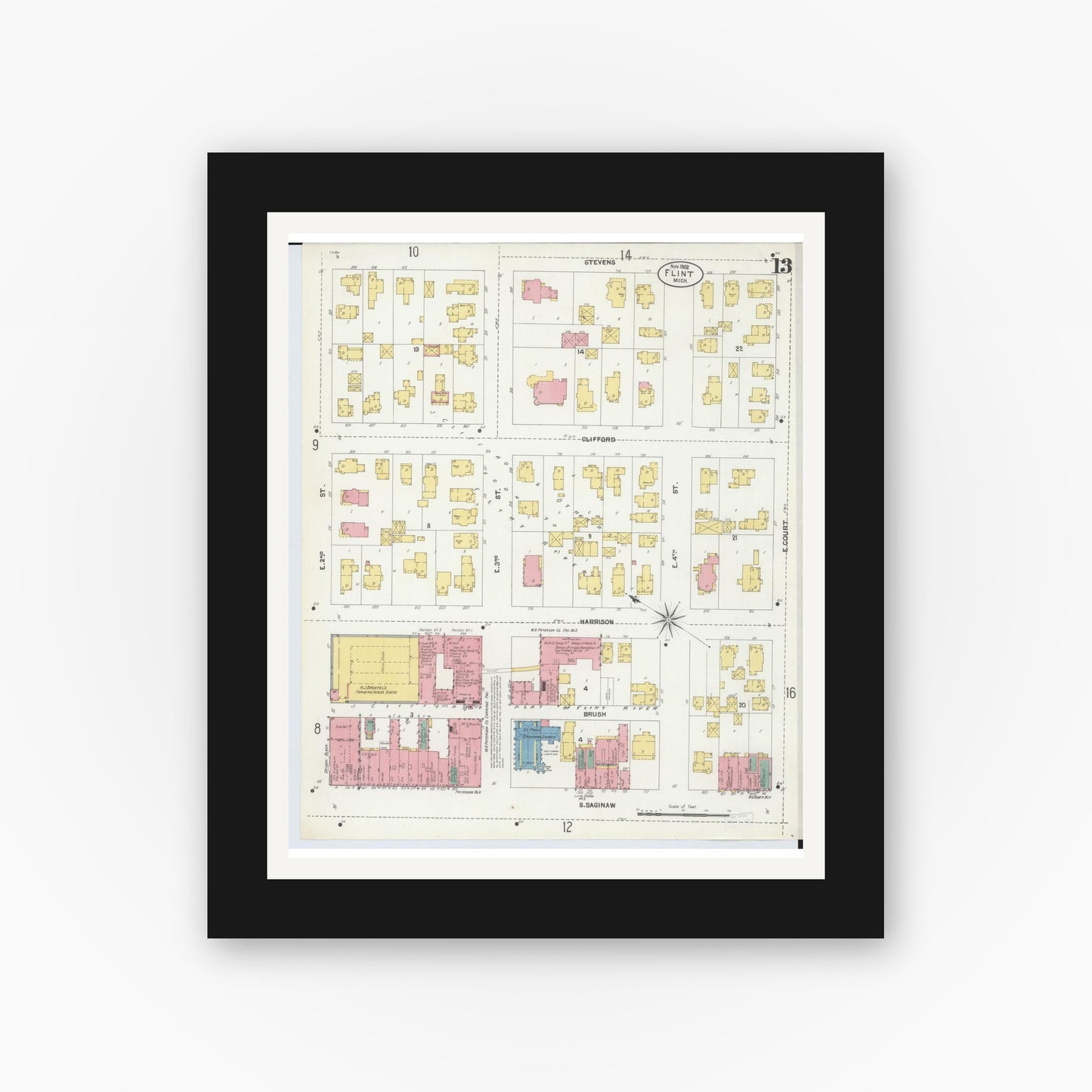 Old map wall art mockup — black gallery frame with white mat — Sanborn Fire Insurance Map from Flint, Genesee County, Michigan (1902), Sheet #0013