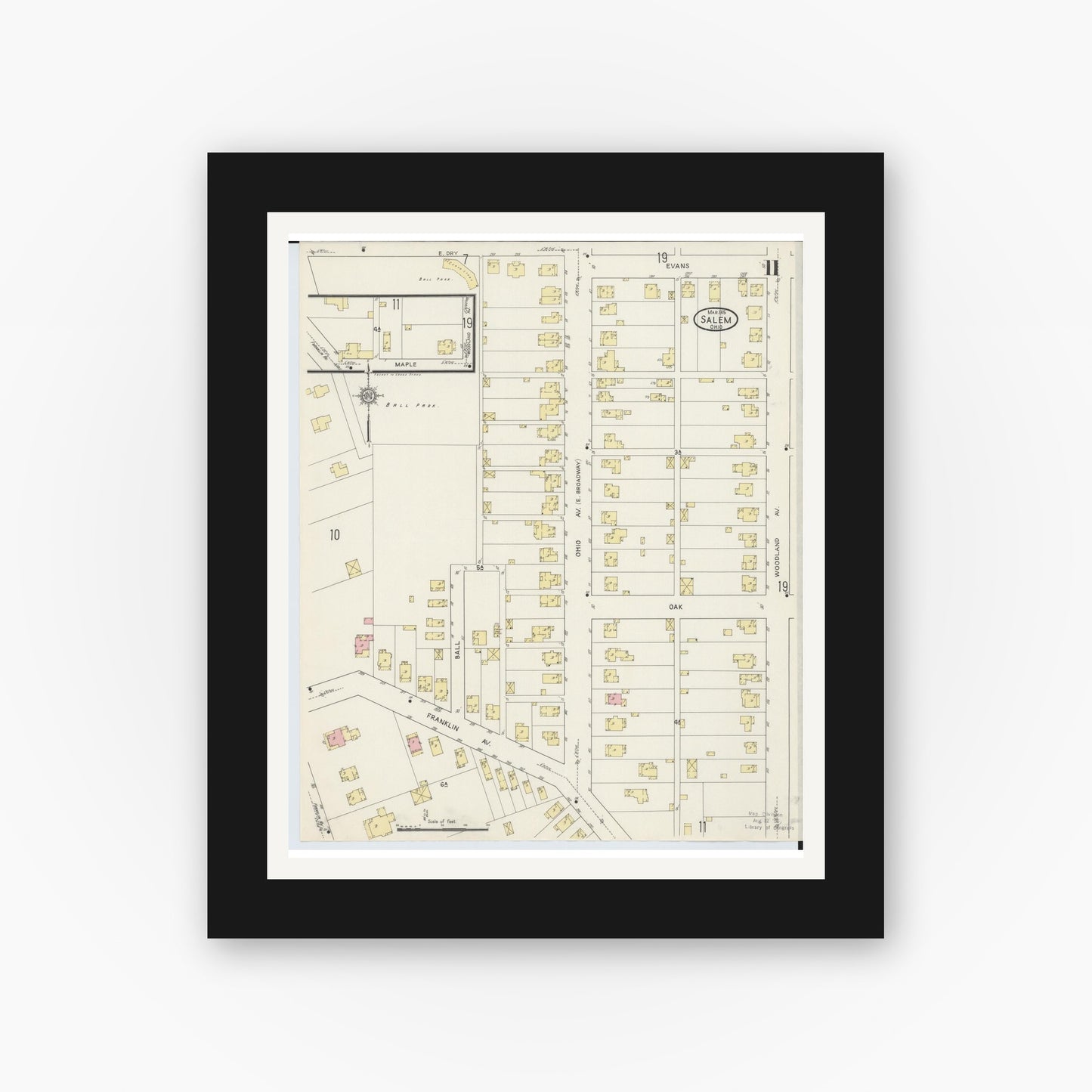 Old map wall art mockup — black gallery frame with white mat — Sanborn Fire Insurance Map from Salem, Columbiana County, Ohio (1915), Sheet #0011