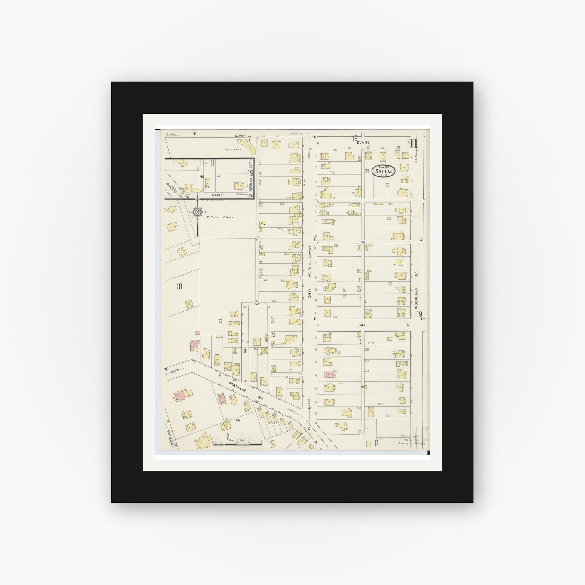 Old map wall art mockup — black gallery frame with white mat — Sanborn Fire Insurance Map from Salem, Columbiana County, Ohio (1915), Sheet #0011