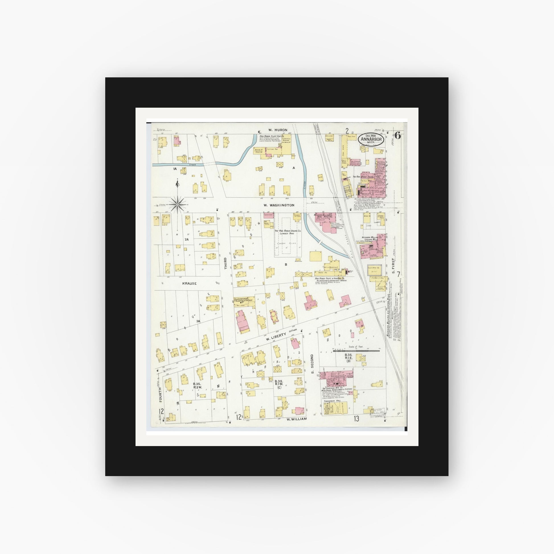 Old map wall art mockup — black gallery frame with white mat — Sanborn Fire Insurance Map from Ann Arbor, Washtenaw County, Michigan (1908), Sheet #0006