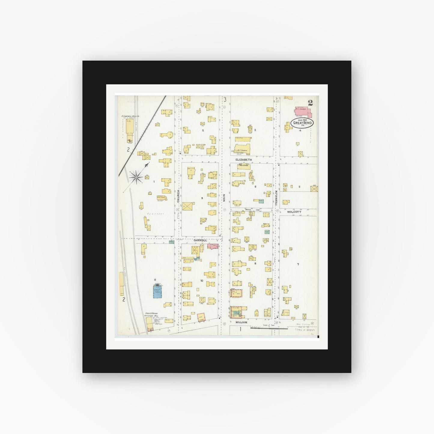 Old map wall art mockup — black gallery frame with white mat — Sanborn Fire Insurance Map from Great Bend, Susquehanna County, Pennsylvania (1904), Sheet #0002