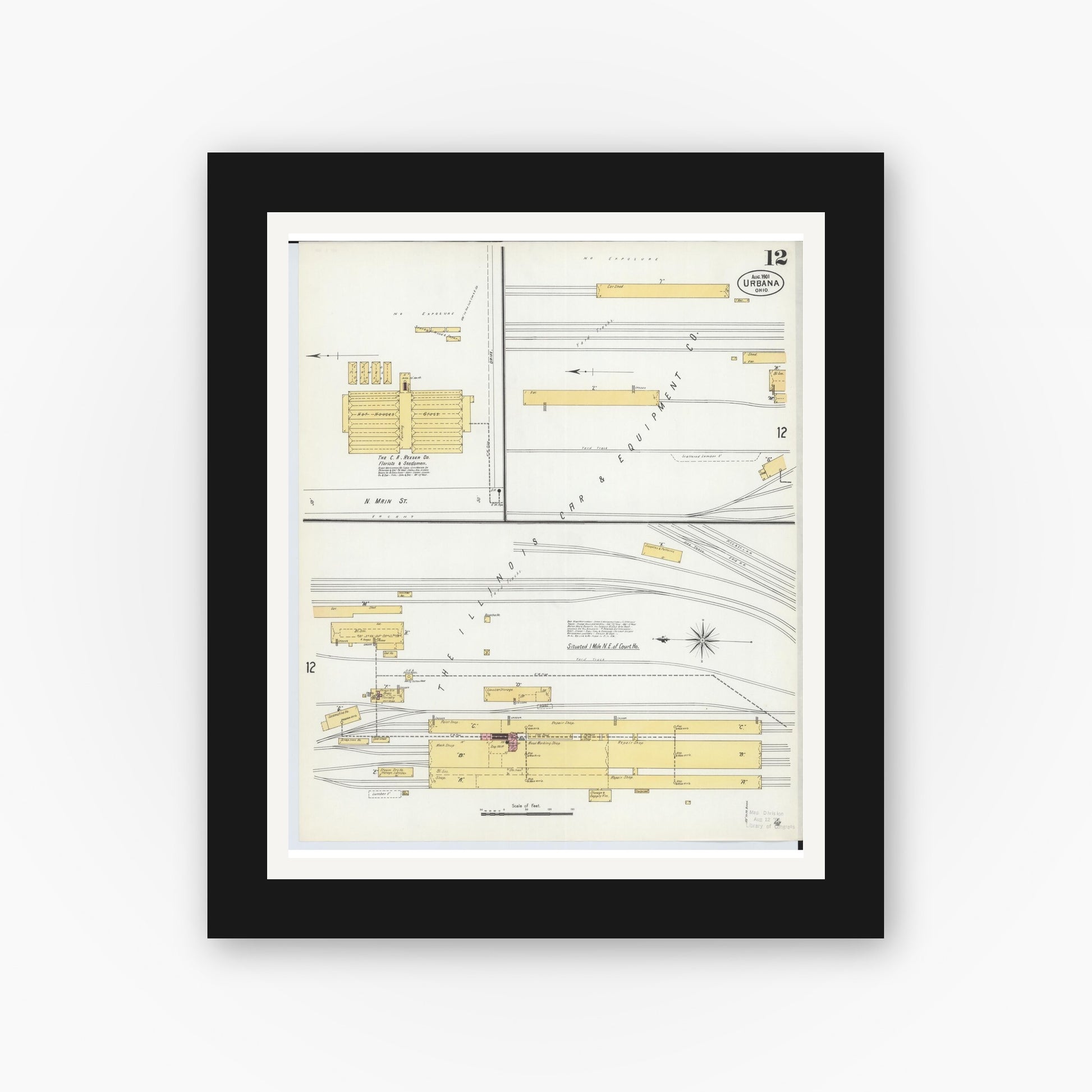 Old map wall art mockup — black gallery frame with white mat — Sanborn Fire Insurance Map from Urbana, Champaign County, Ohio (1901), Sheet #0012