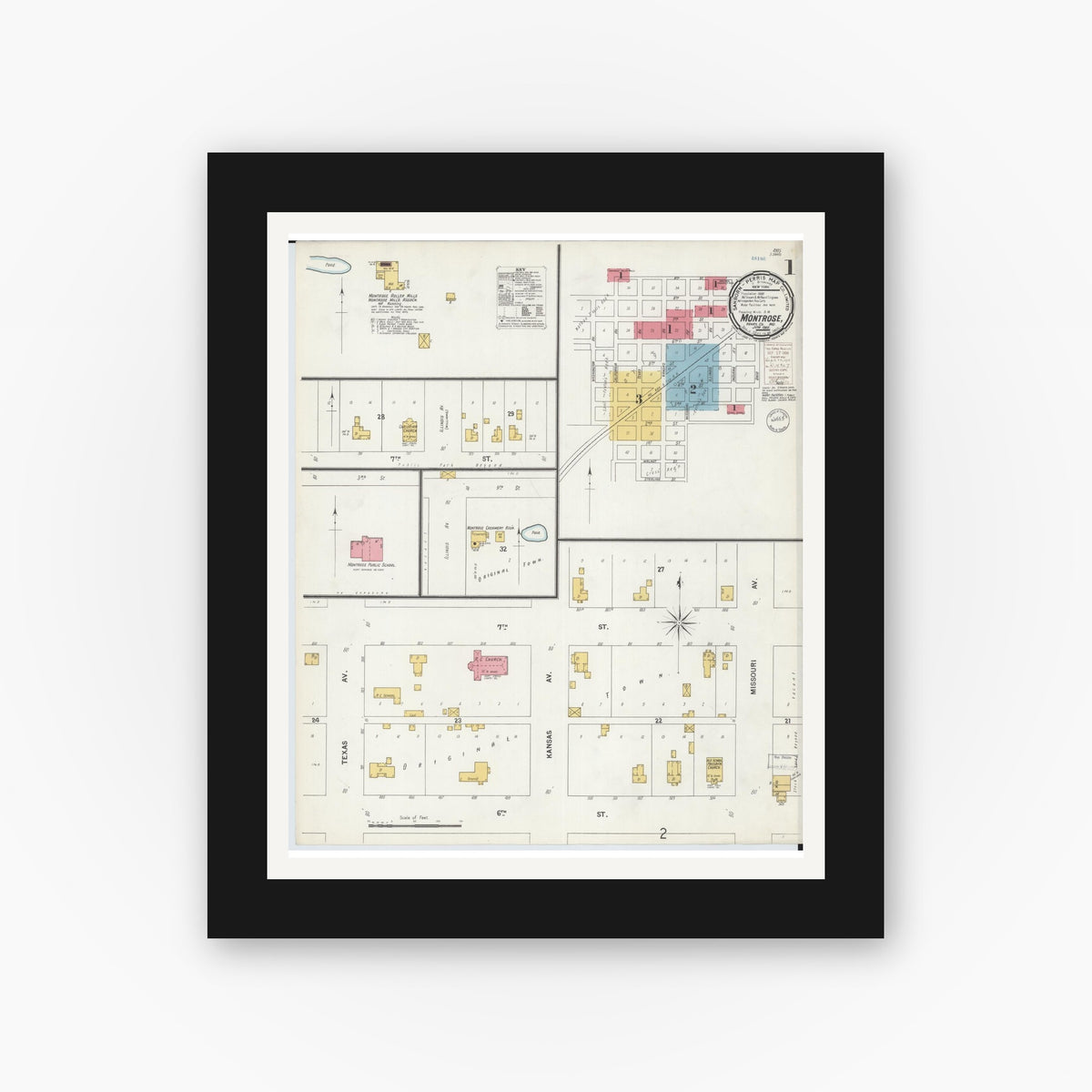 Old map wall art mockup — black gallery frame with white mat — Sanborn Fire Insurance Map from Montrose, Henry County, Missouri (1900), Sheet #0001