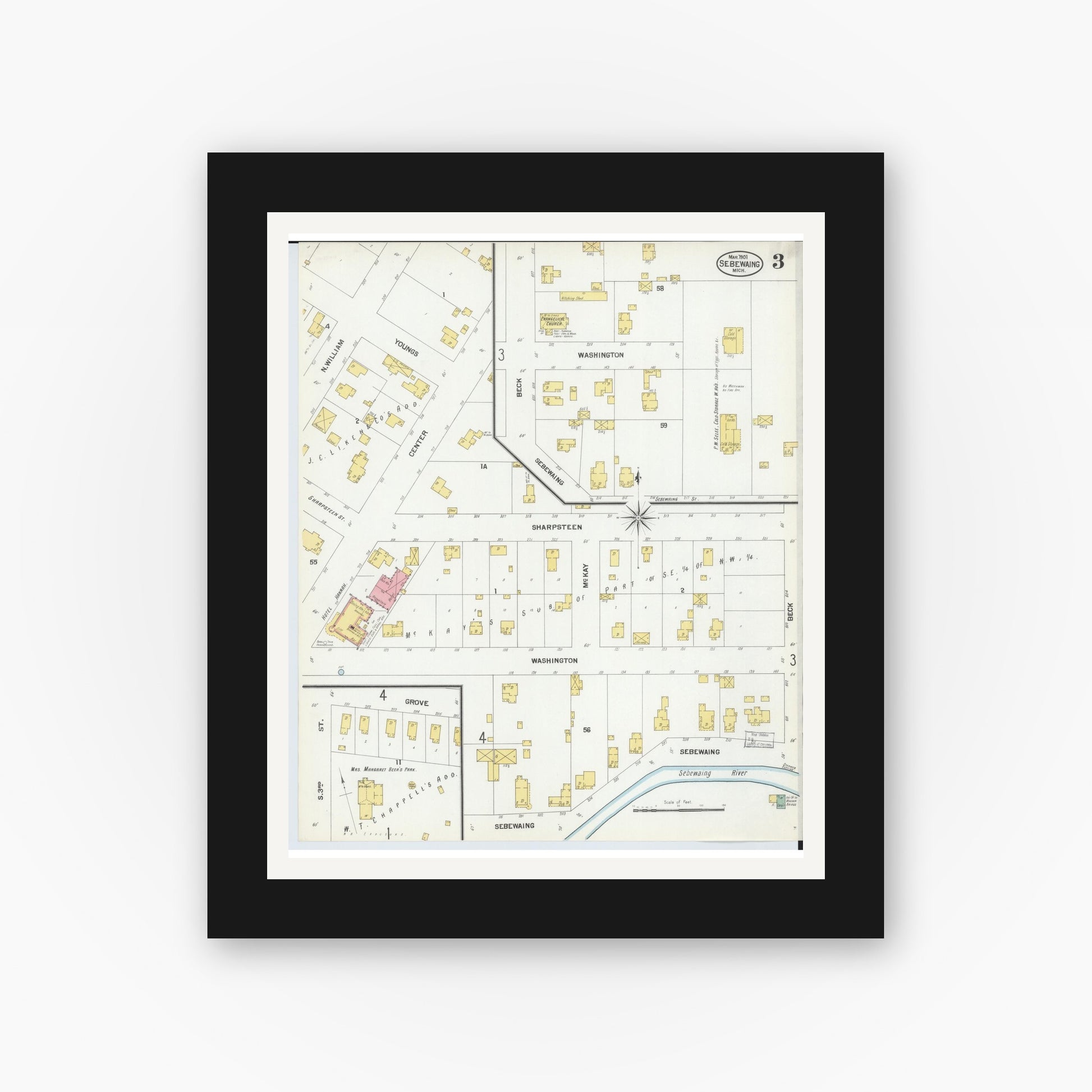 Old map wall art mockup — black gallery frame with white mat — Sanborn Fire Insurance Map from Sebewaing, Huron County, Michigan (1901), Sheet #0003
