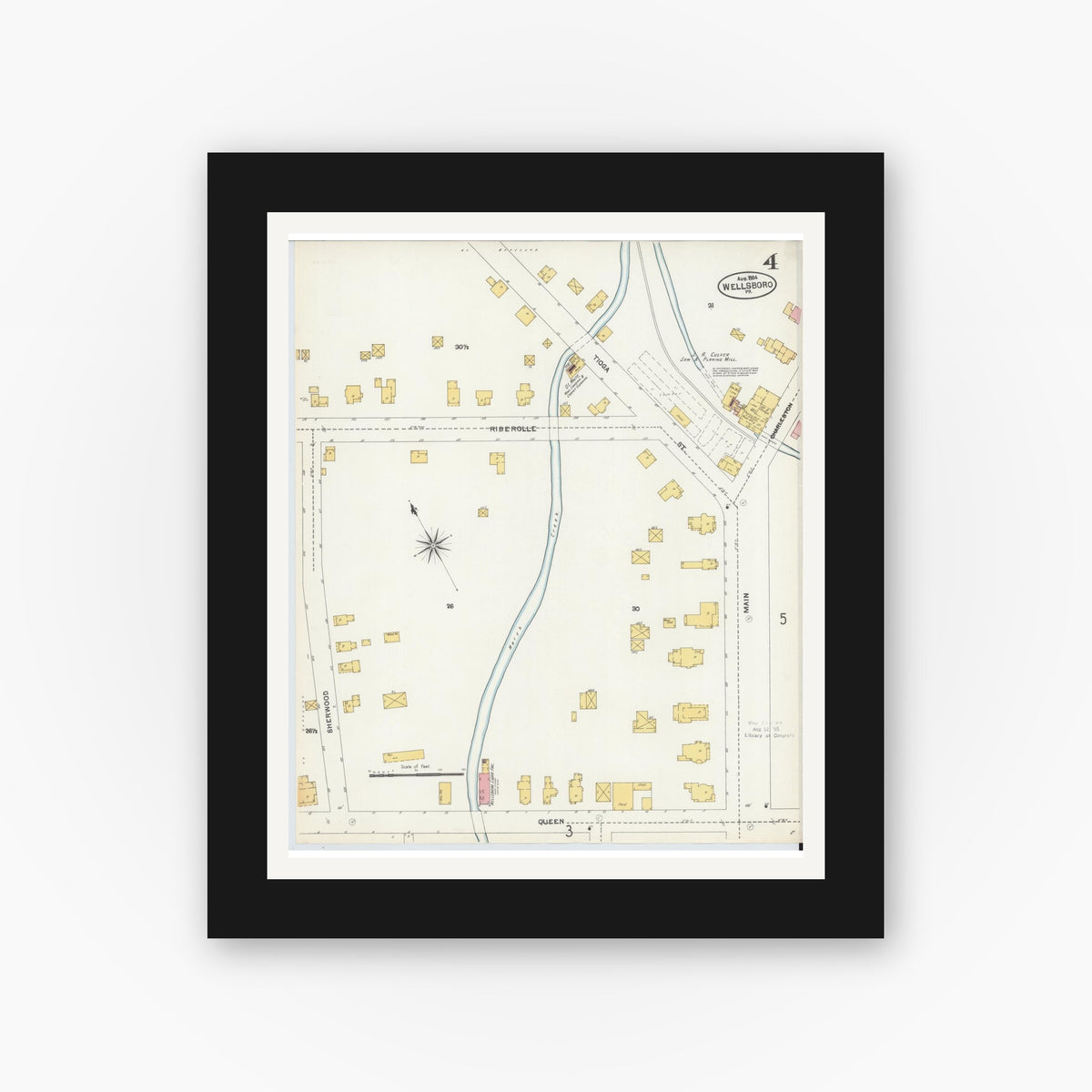 Old map wall art mockup — black gallery frame with white mat — Sanborn Fire Insurance Map from Wellsboro, Tioga County, Pennsylvania (1904), Sheet #0004
