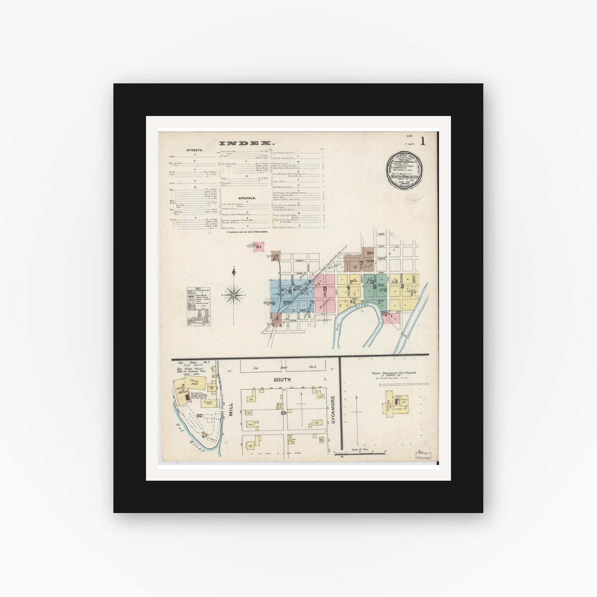 Old map wall art mockup — black gallery frame with white mat — Sanborn Fire Insurance Map from North Manchester, Wabash County, Indiana (1890) - Complete Map Set
