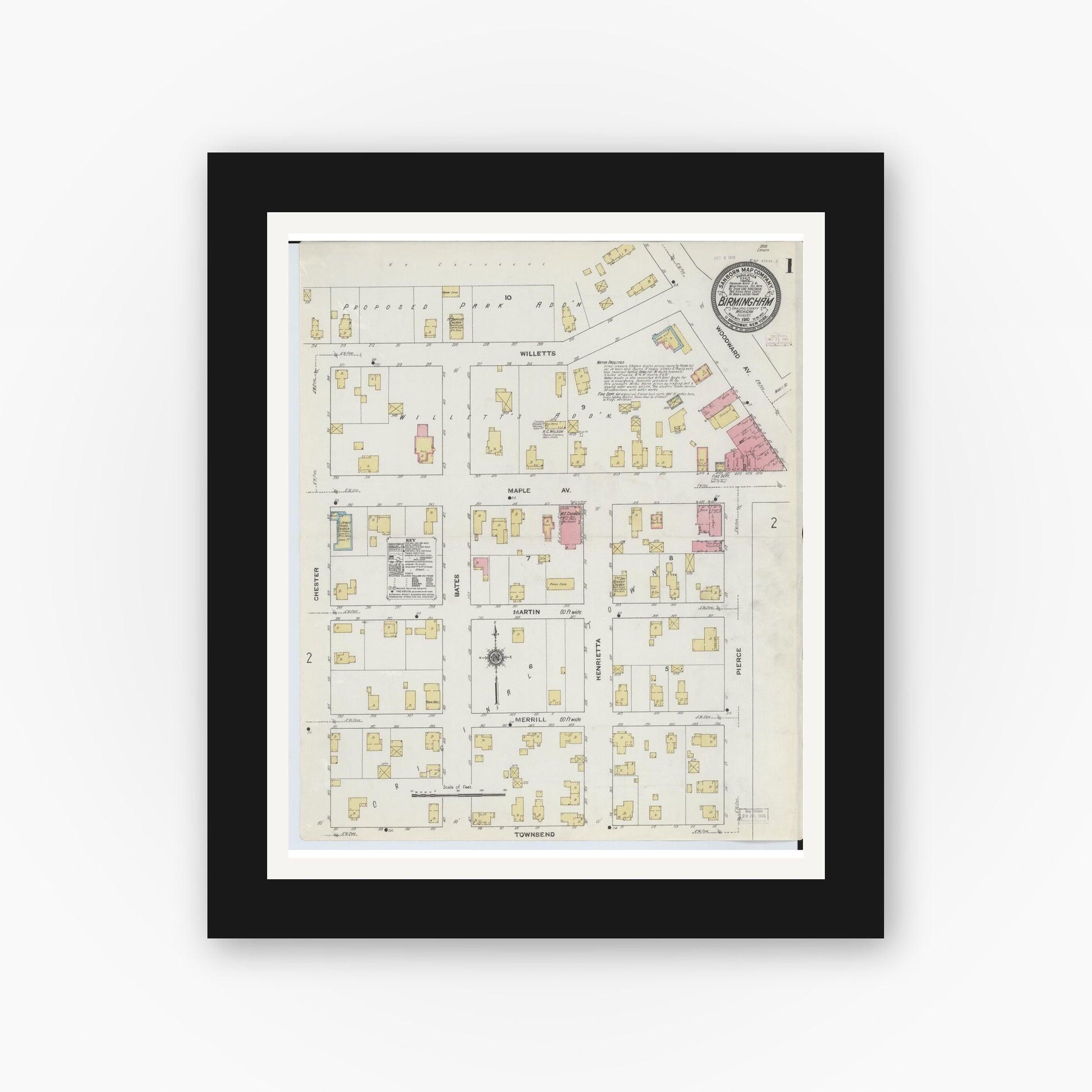 Old map wall art mockup — black gallery frame with white mat — Sanborn Fire Insurance Map from Birmingham, Oakland County, Michigan (1910), Sheet #0001