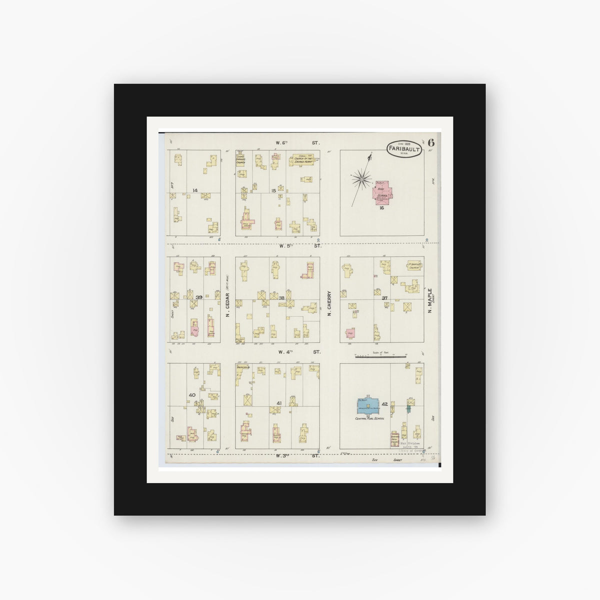 Old map wall art mockup — black gallery frame with white mat — Sanborn Fire Insurance Map from Faribault, Rice County, Minnesota (1889), Sheet #0006