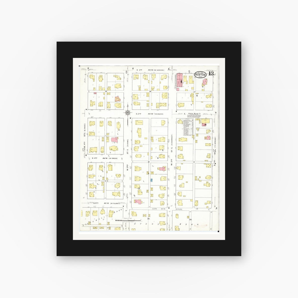 Old map wall art mockup — black gallery frame with white mat — Sanborn Fire Insurance Map from Newton, Jasper County, Iowa (1918), Sheet #0013