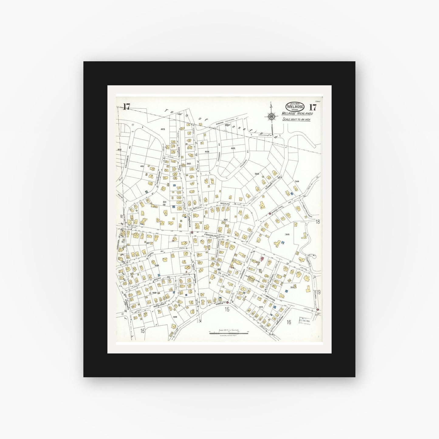 Old map wall art mockup — black gallery frame with white mat — Sanborn Fire Insurance Map from Melrose, Middlesex County, Massachusetts (1923), Sheet #0017