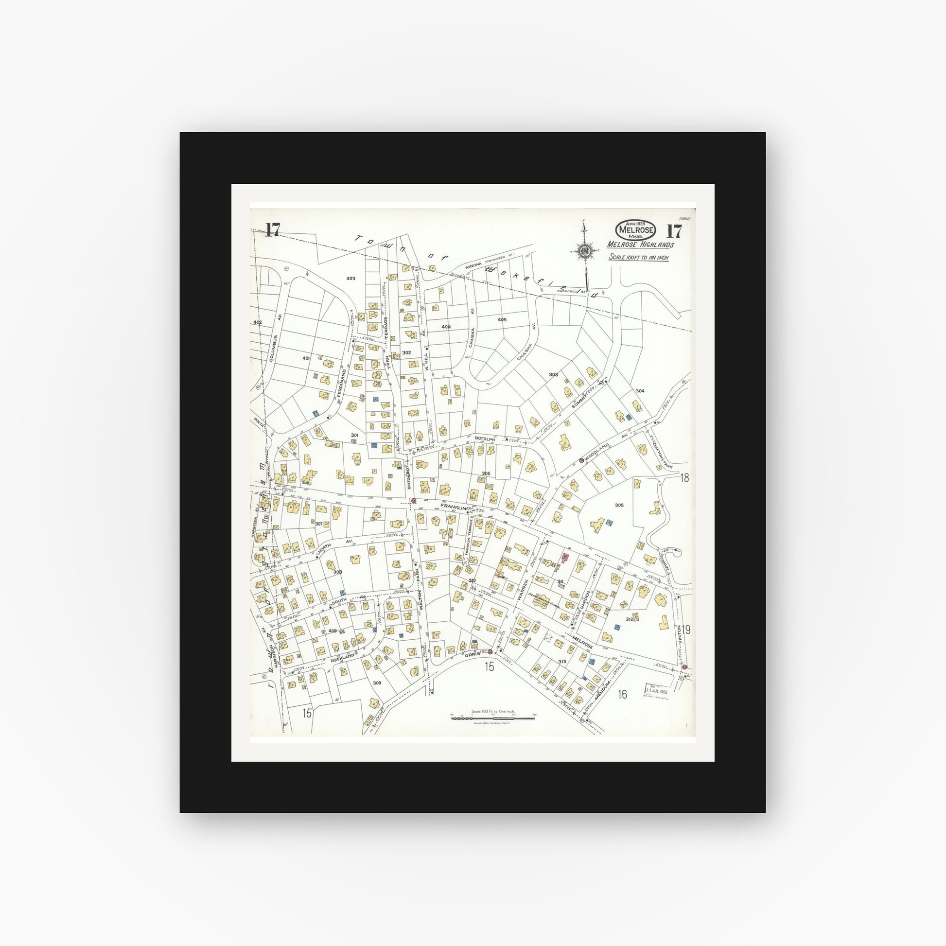 Old map wall art mockup — black gallery frame with white mat — Sanborn Fire Insurance Map from Melrose, Middlesex County, Massachusetts (1923), Sheet #0017