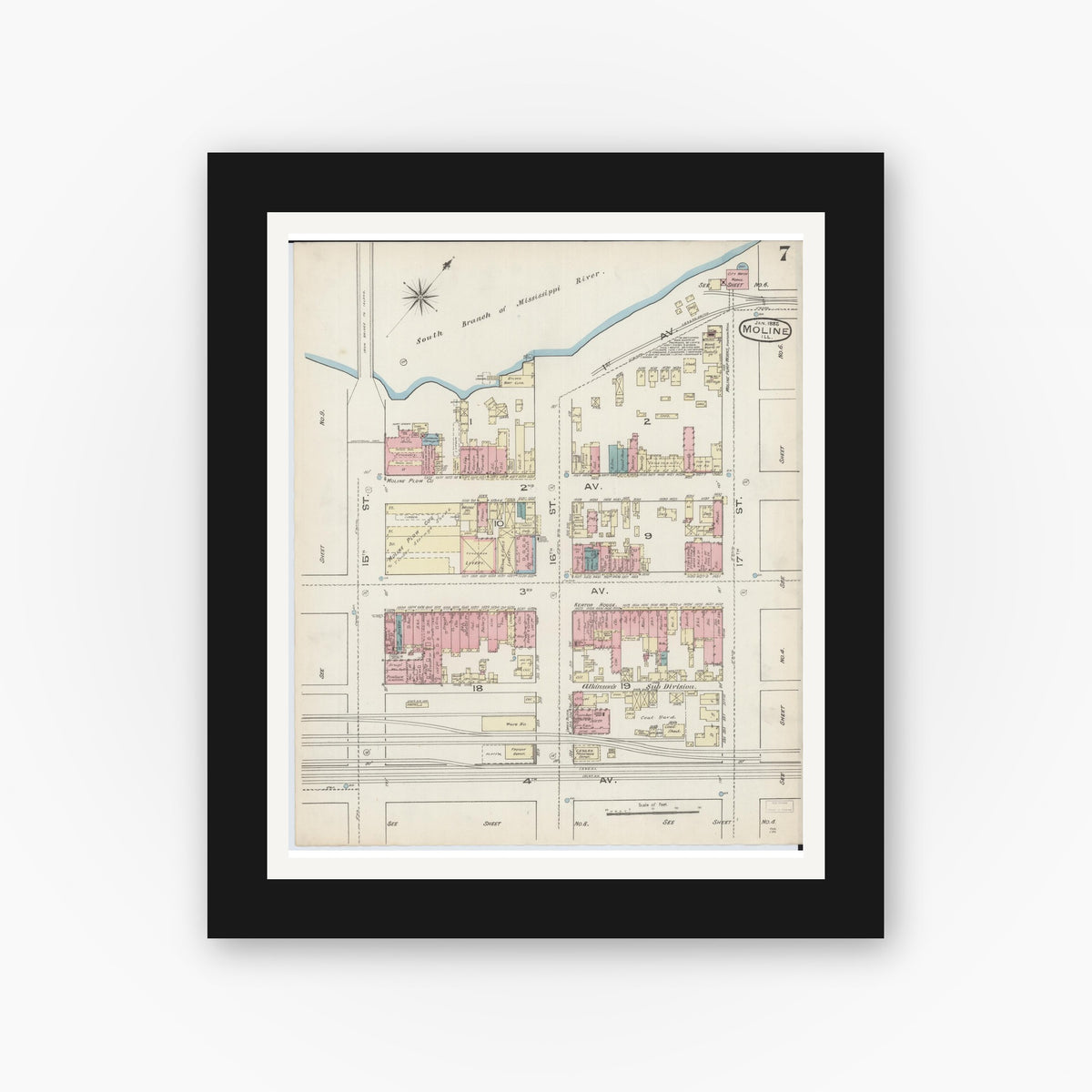 Old map wall art mockup — black gallery frame with white mat — Sanborn Fire Insurance Map from Moline, Rock Island County, Illinois (1886), Sheet #0007