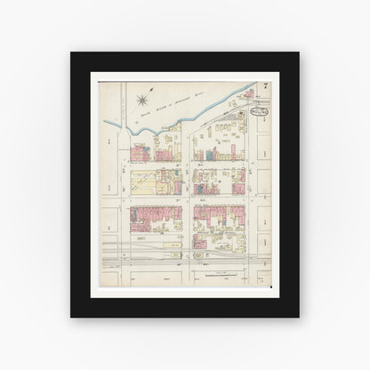 Old map wall art mockup — black gallery frame with white mat — Sanborn Fire Insurance Map from Moline, Rock Island County, Illinois (1886), Sheet #0007