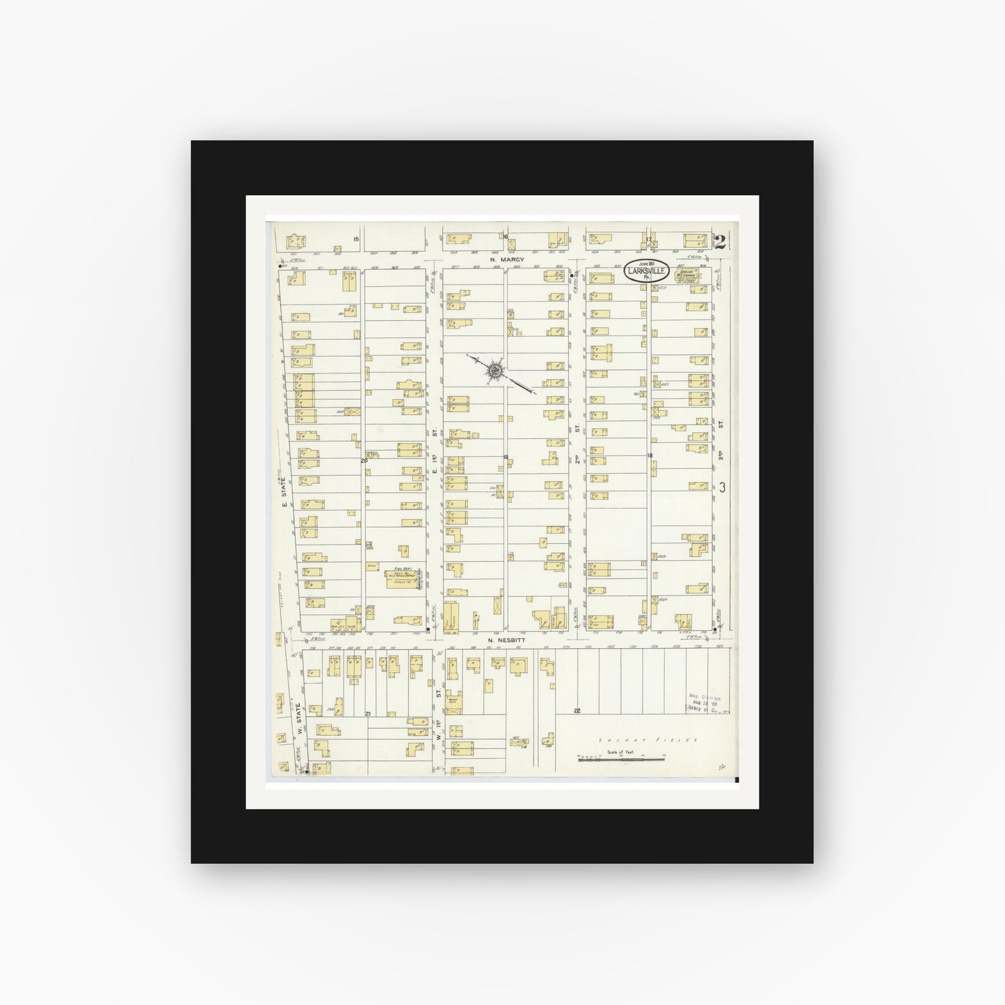 Old map wall art mockup — black gallery frame with white mat — Sanborn Fire Insurance Map from Larksville, Luzerne County, Pennsylvania (1911), Sheet #0002